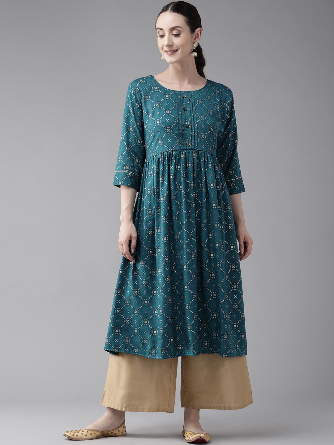 

BAESD Ethnic Motifs Printed Cotton A-line Kurta, Blue