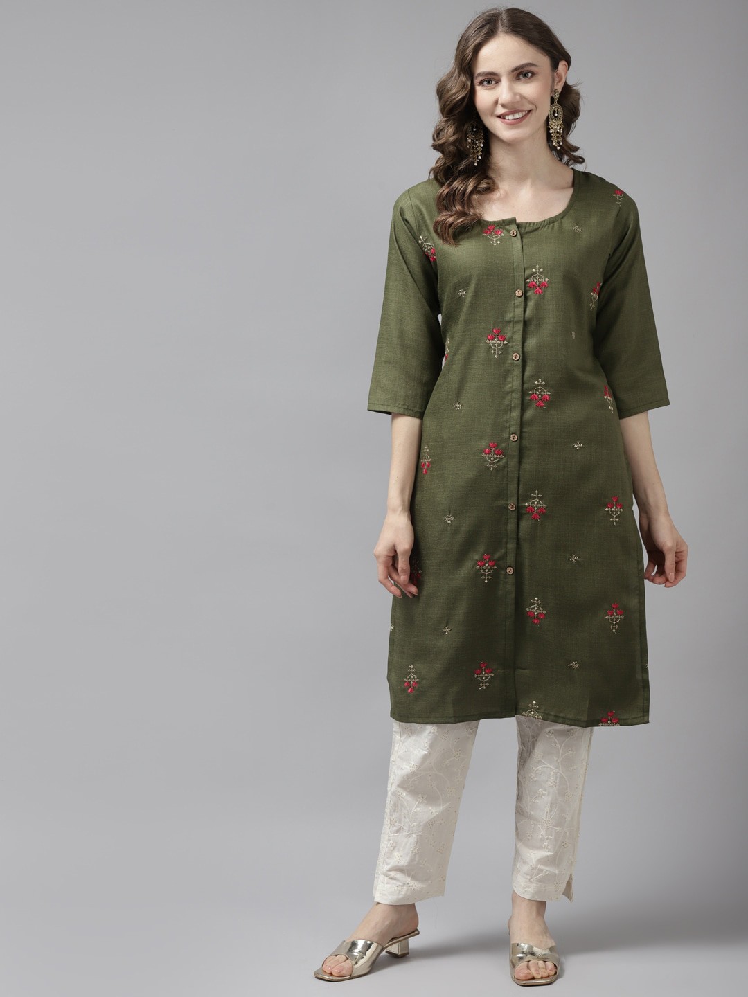 

BAESD Embroidered Cotton Straight Kurta, Olive