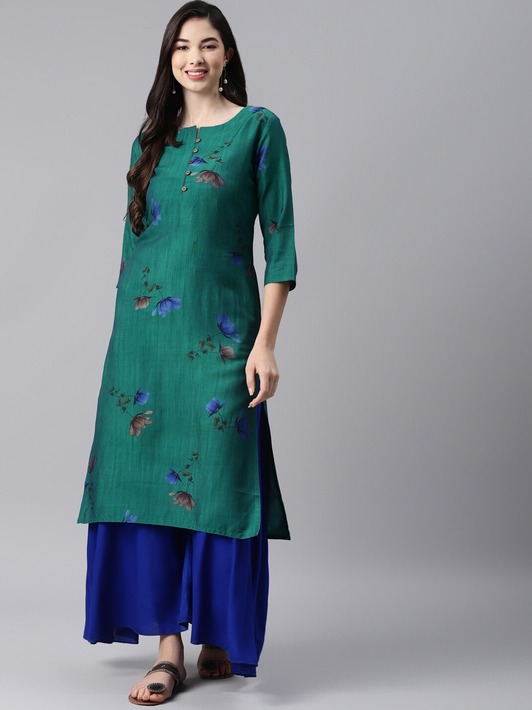

BAESD Floral Printed Straight Cotton Kurta, Green