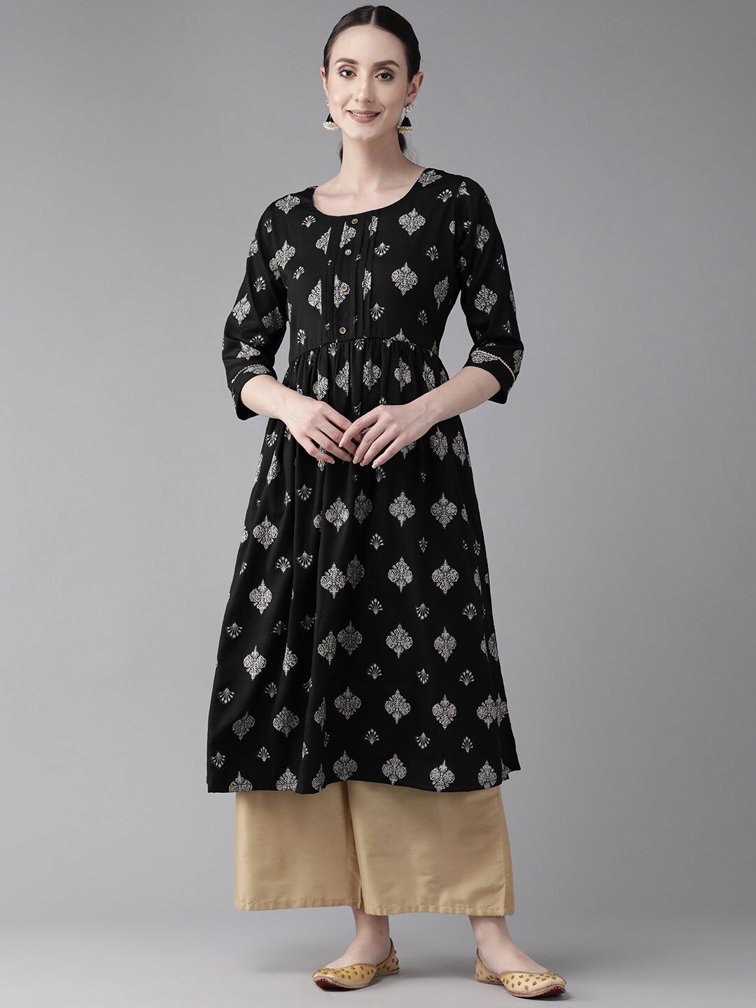 

BAESD Ethnic Motifs Printed Pleated A-Line Cotton Kurta, Black
