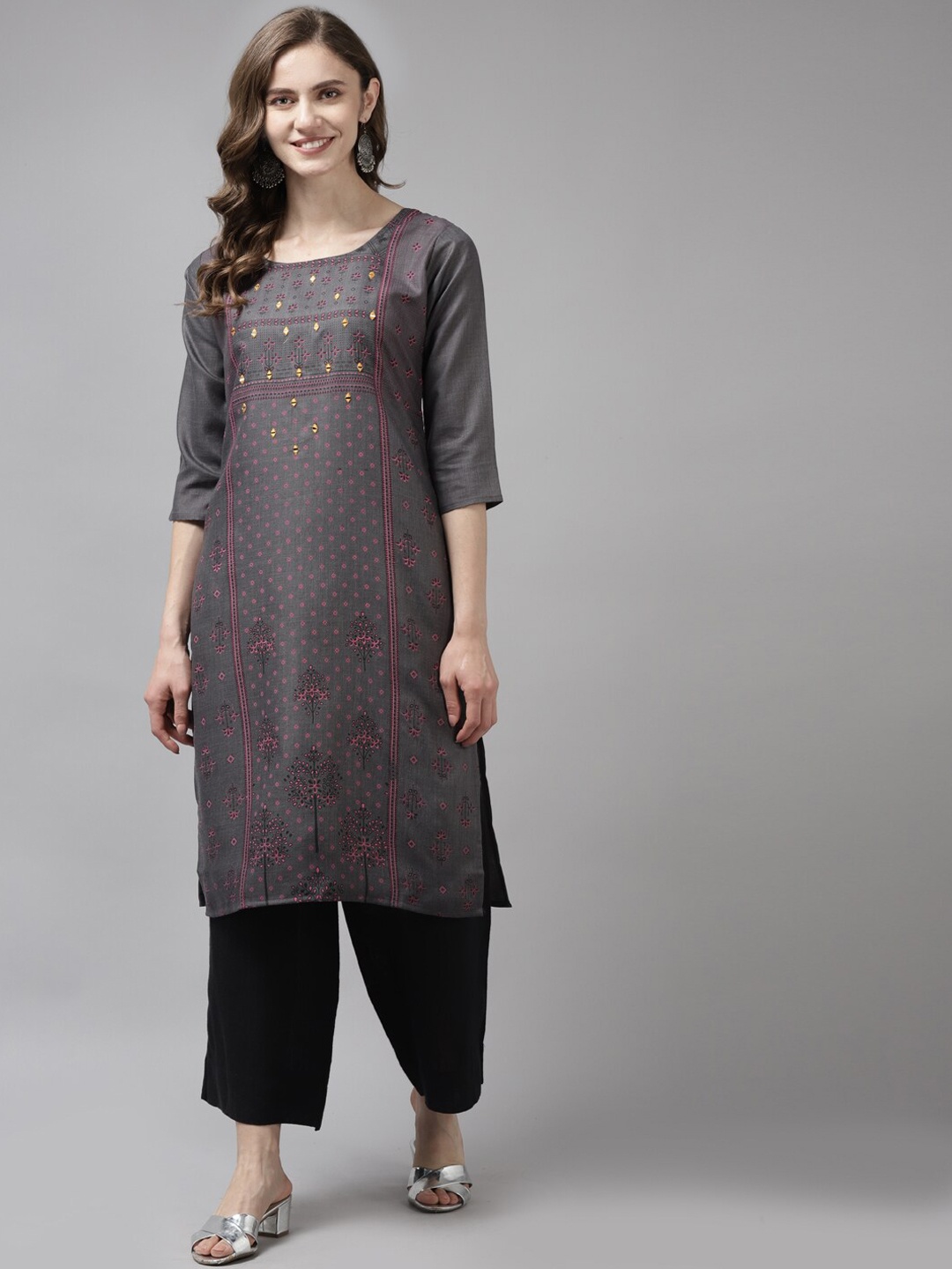 

BAESD Floral Printed Mirror Work Kurta, Grey