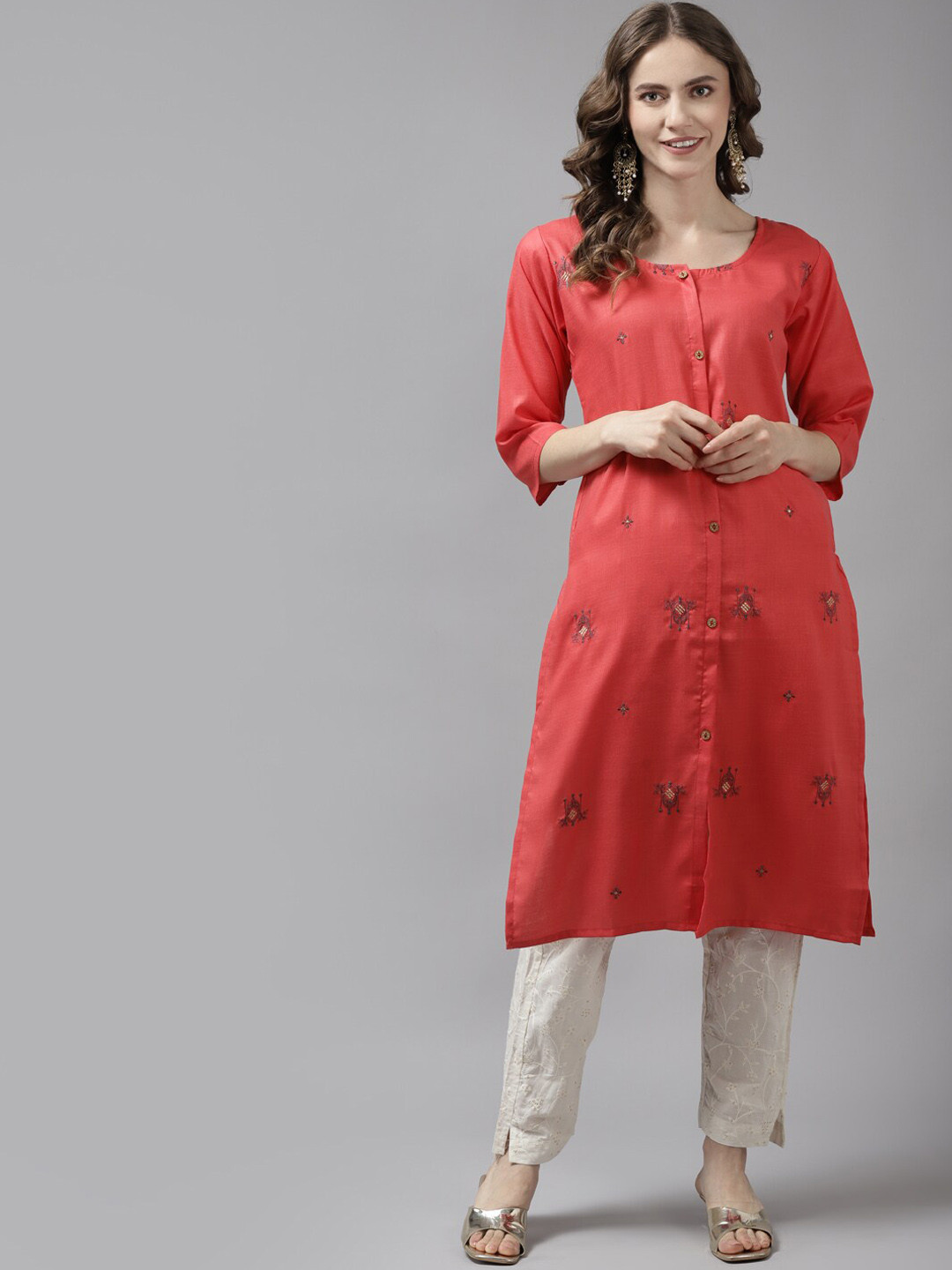 

BAESD Ethnic Motifs Embroidered Straight Cotton Kurta, Red