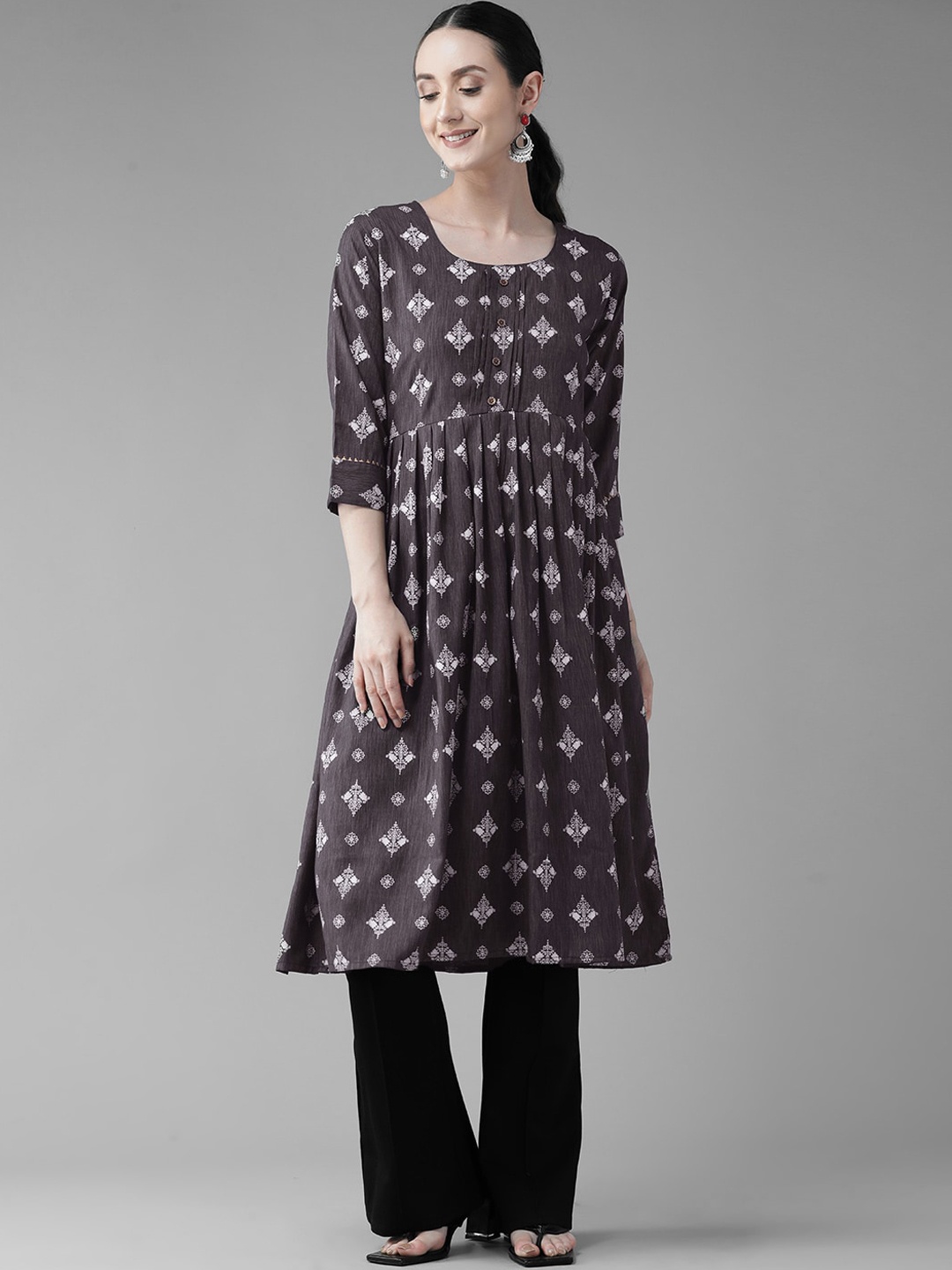

BAESD Ethnic Motifs Printed A-Line Pleated Cotton Kurta, Charcoal