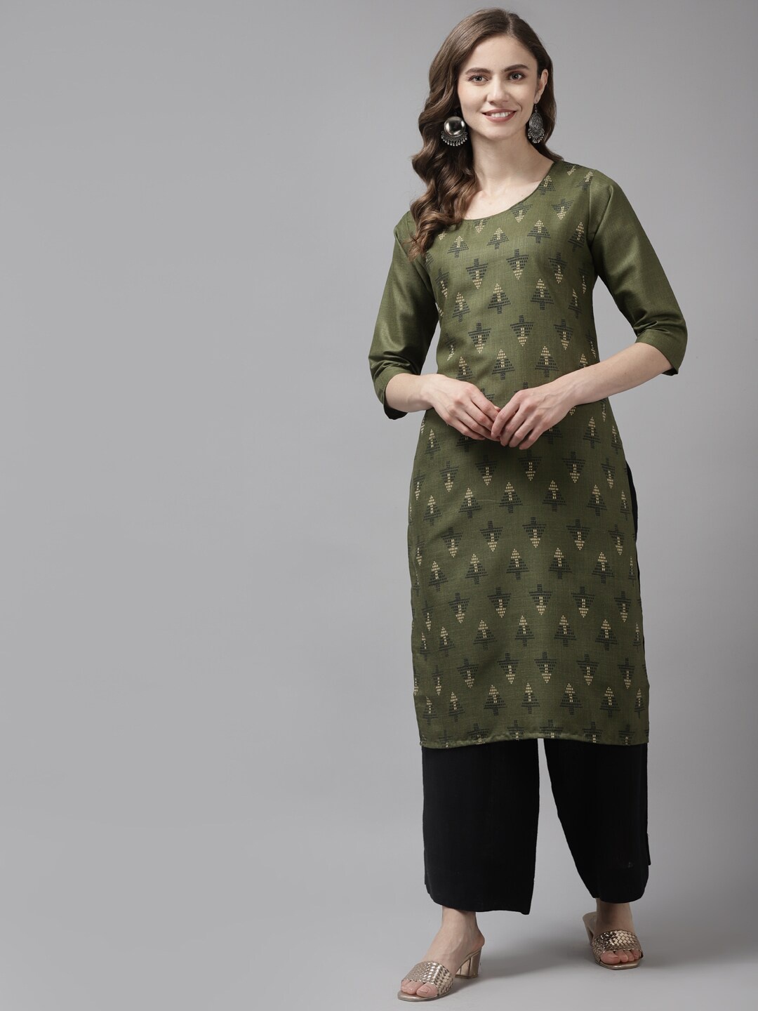 

BAESD Ethnic Motifs Printed Mirror Work Cotton Kurta, Olive