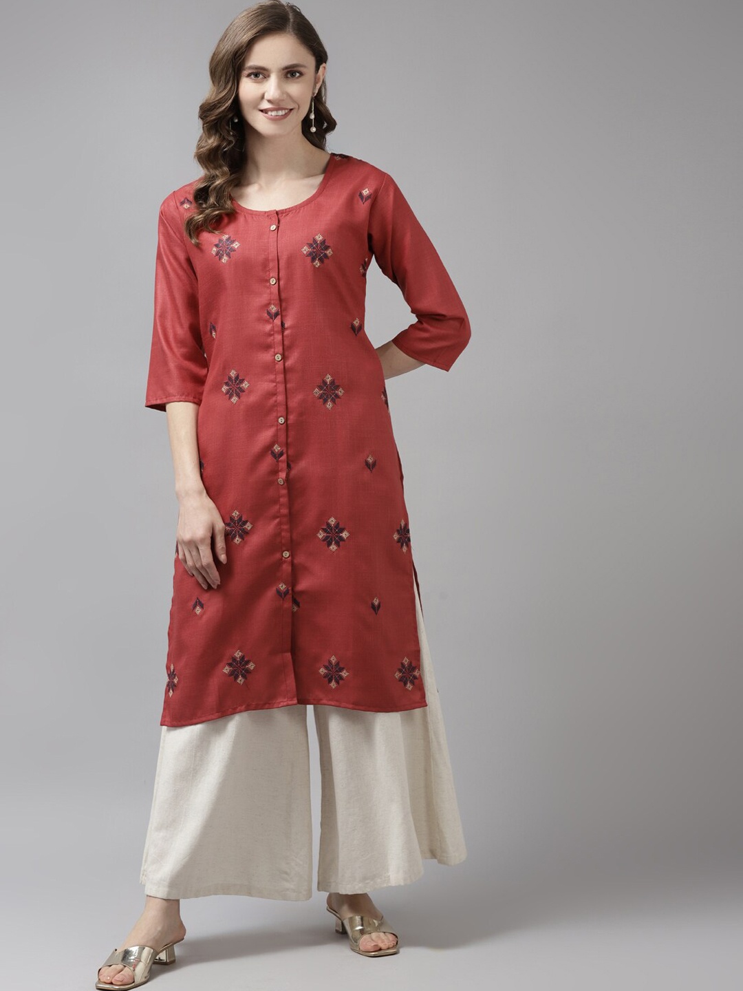 

BAESD Ethnic Motifs Embroidered Straight Kurta, Red