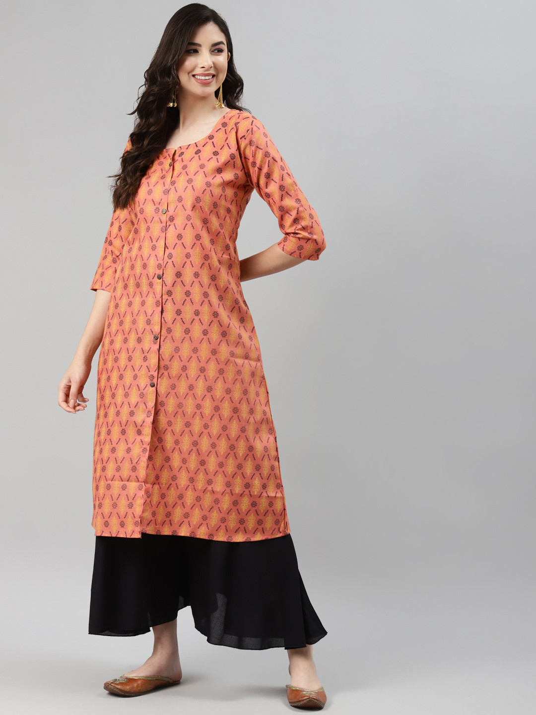 

BAESD Geometric Printed Cotton Kurta, Peach
