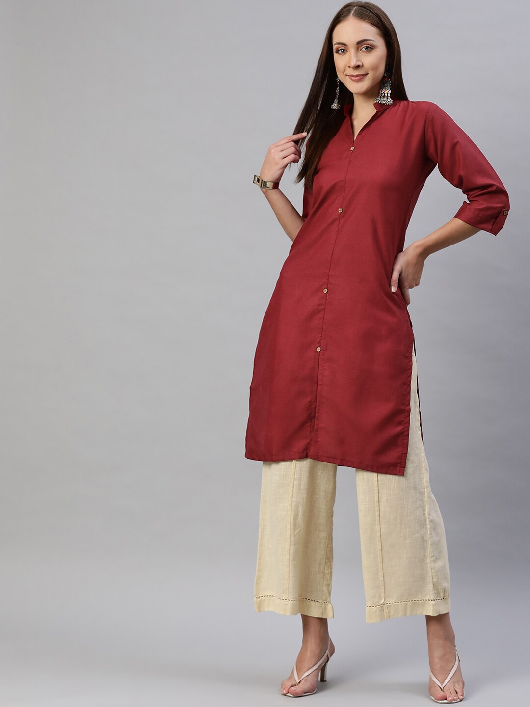 

BAESD Mandarin Collar Straigtht Cotton Kurta, Maroon