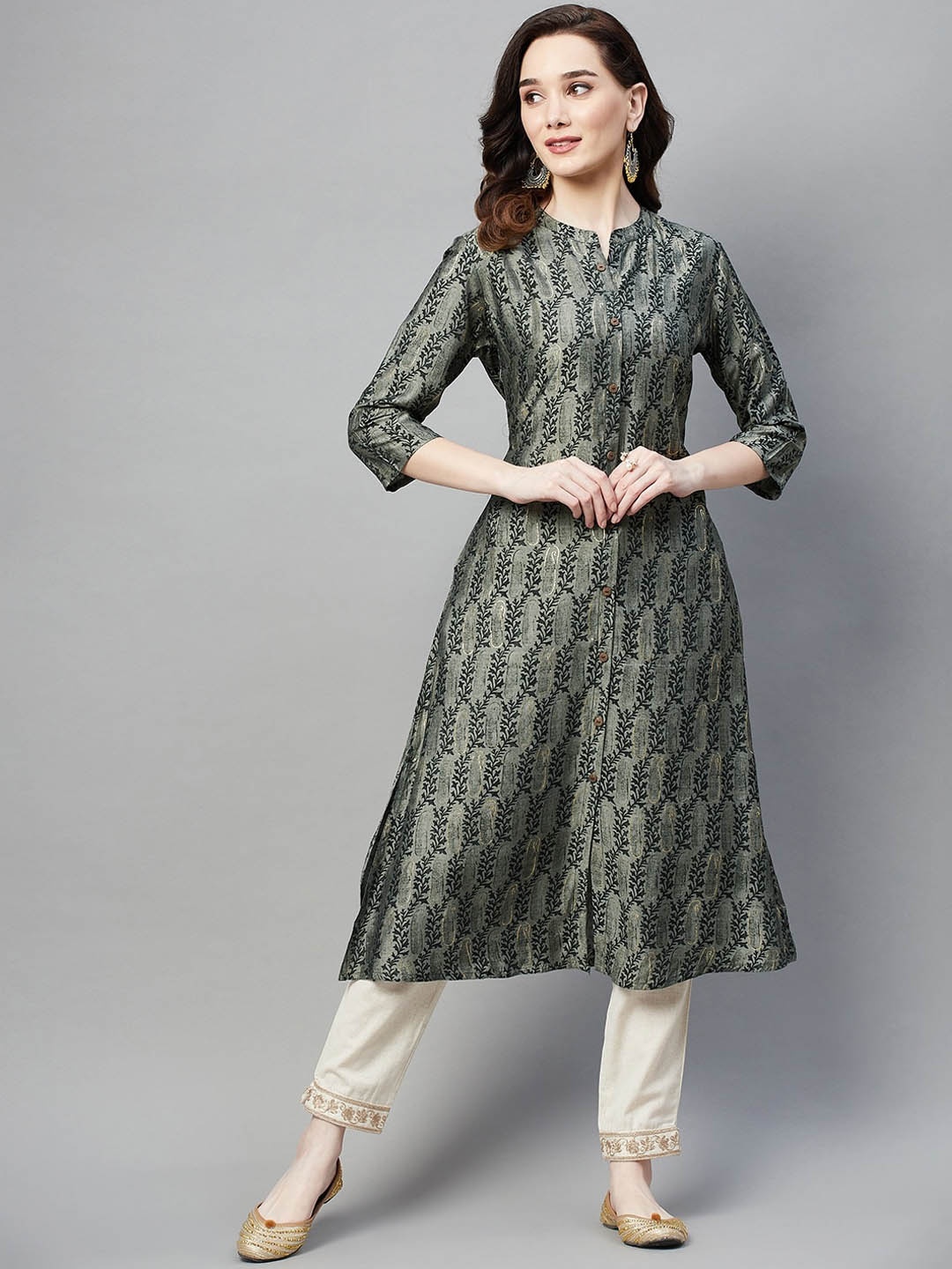 

BAESD Floral Printed A-Line Kurta, Grey