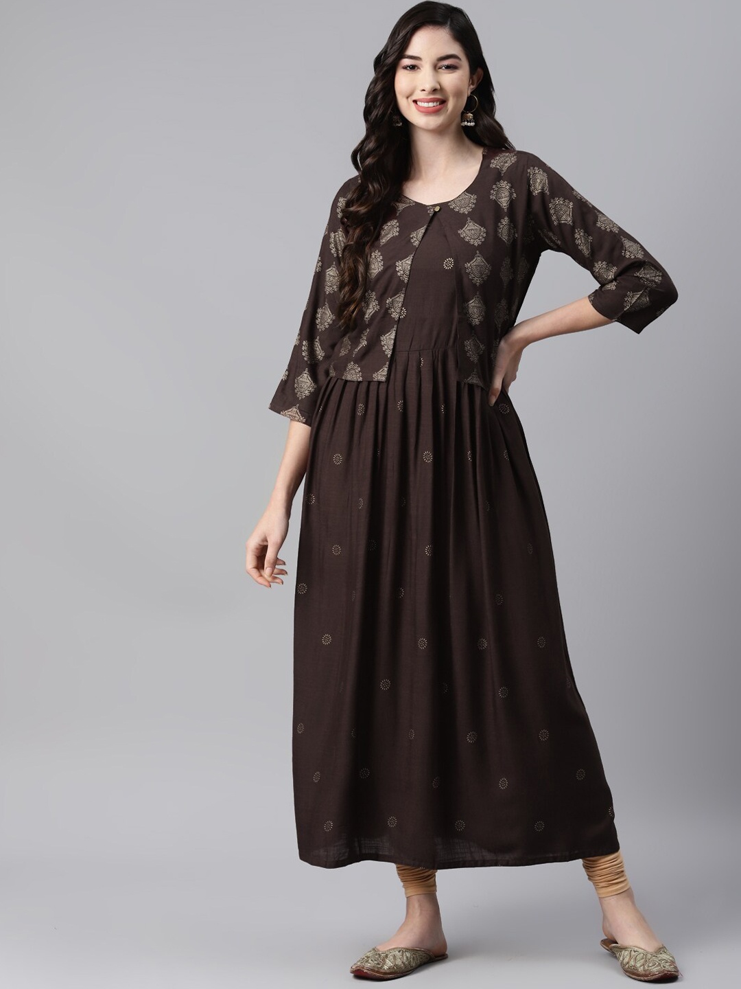 

BAESD Sleeveless Ethnic Motifs Printed Anarkali Cotton Kurta & Jacket, Brown