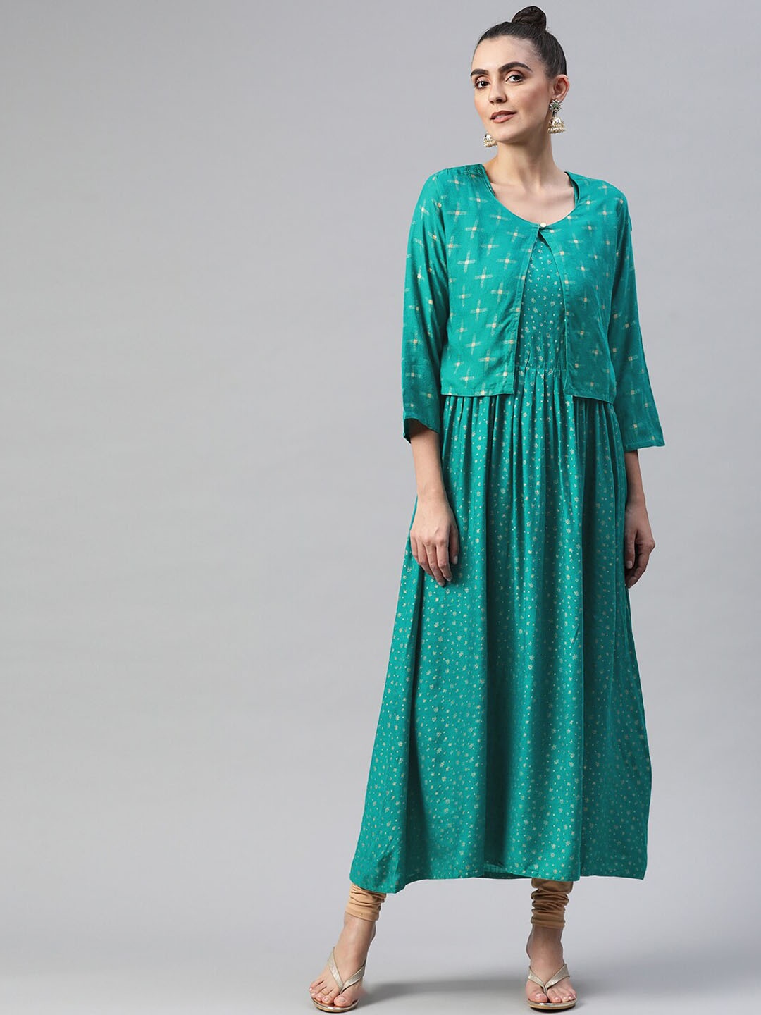 

BAESD Floral Printed Cotton A-line Kurta with Jacket, Sea green