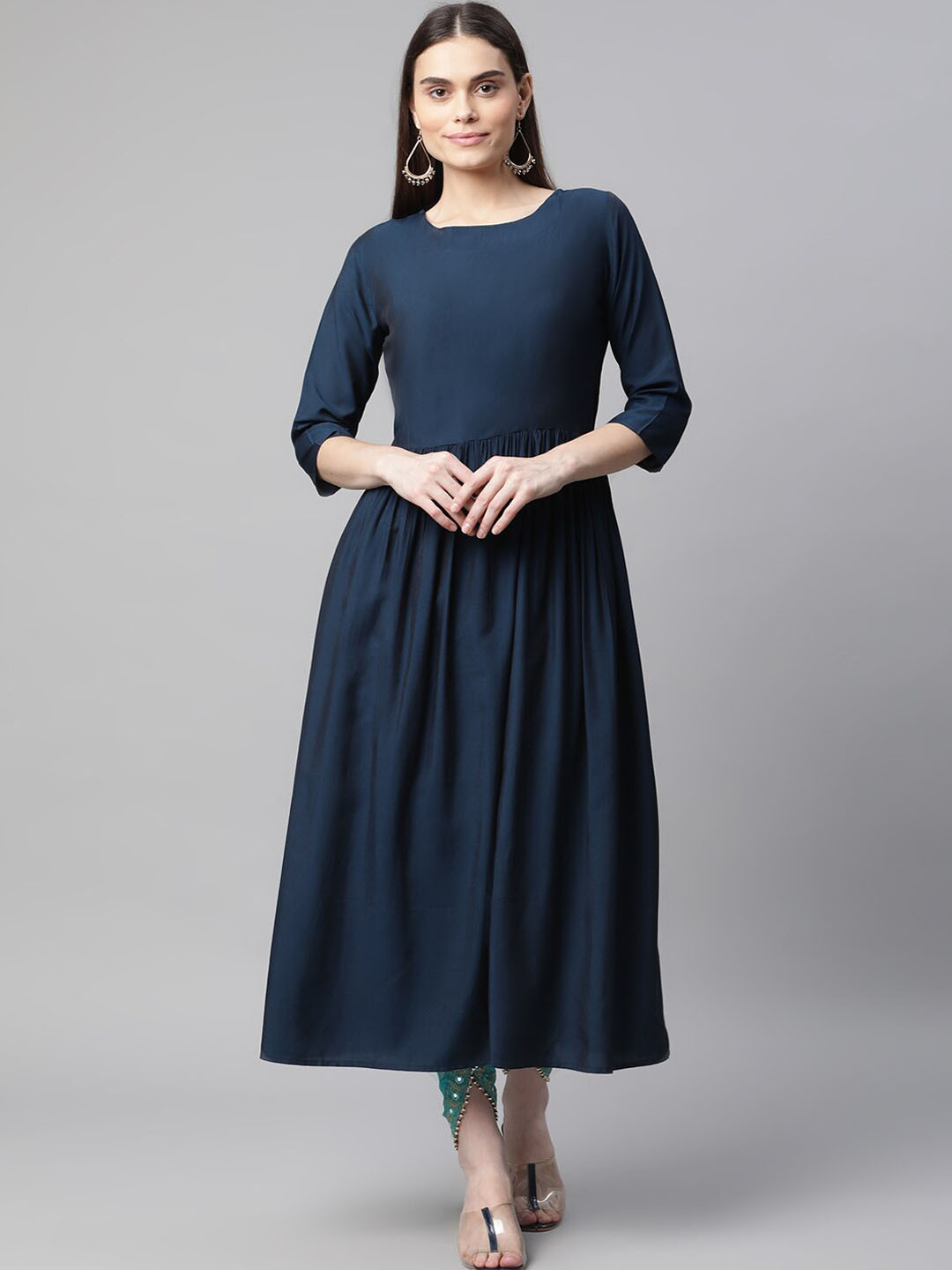 

BAESD Pleated Cotton A-Line Kurta, Navy blue