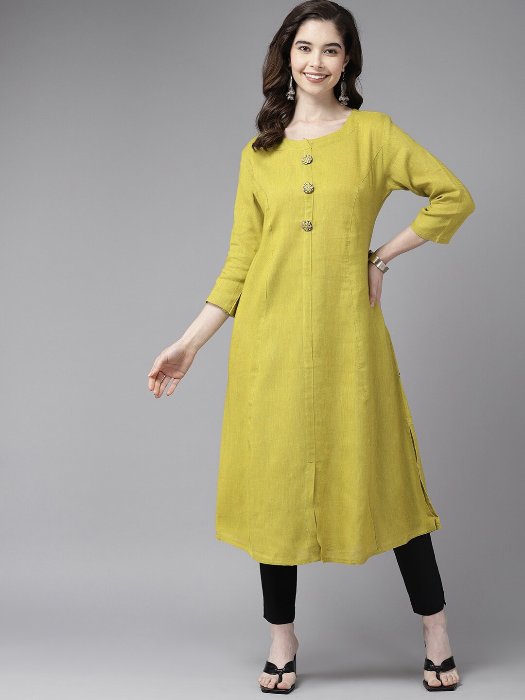

BAESD Round Neck Paneled A-Line Cotton Kurta, Lime green
