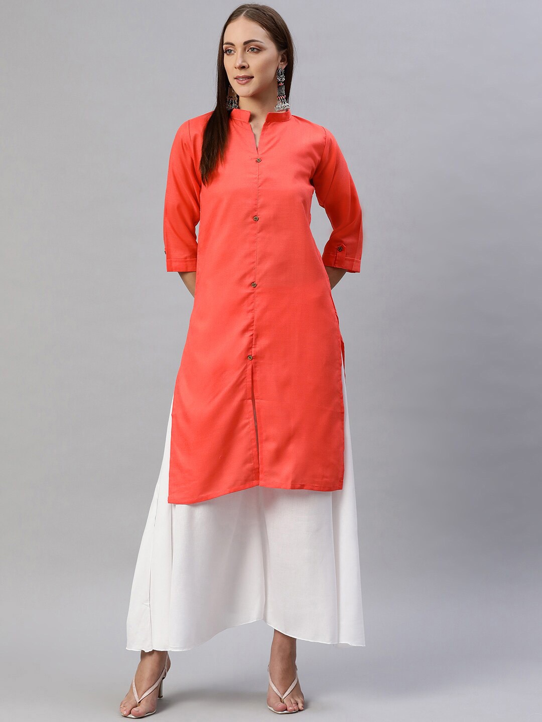 

BAESD Mandarin Collar Roll-Up Sleeves Cotton Kurta, Red