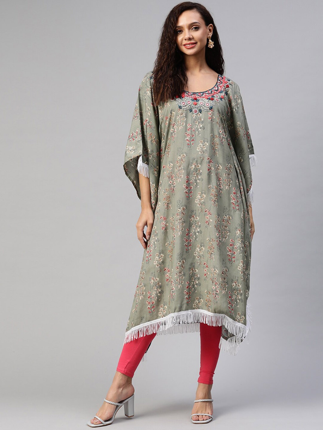 

BAESD Floral Printed Embroidered Flared Sleeves Kaftan Kurta, Grey
