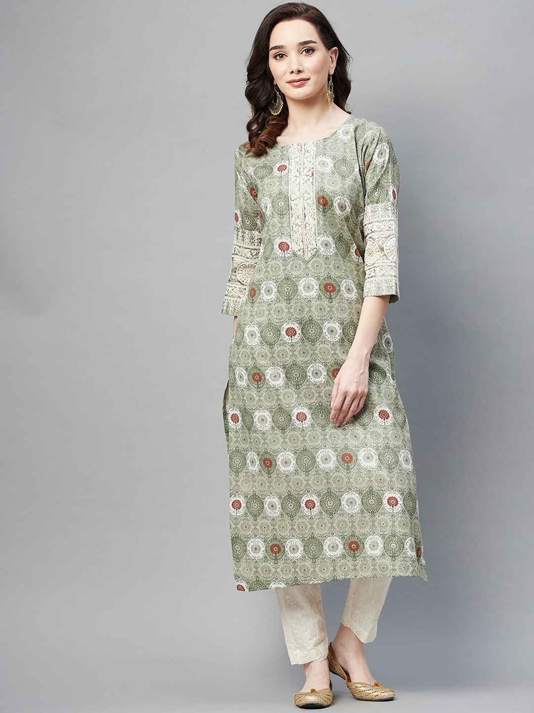 

BAESD Ethnic Motif Printed Thread Work Cotton Straight Kurta, Olive