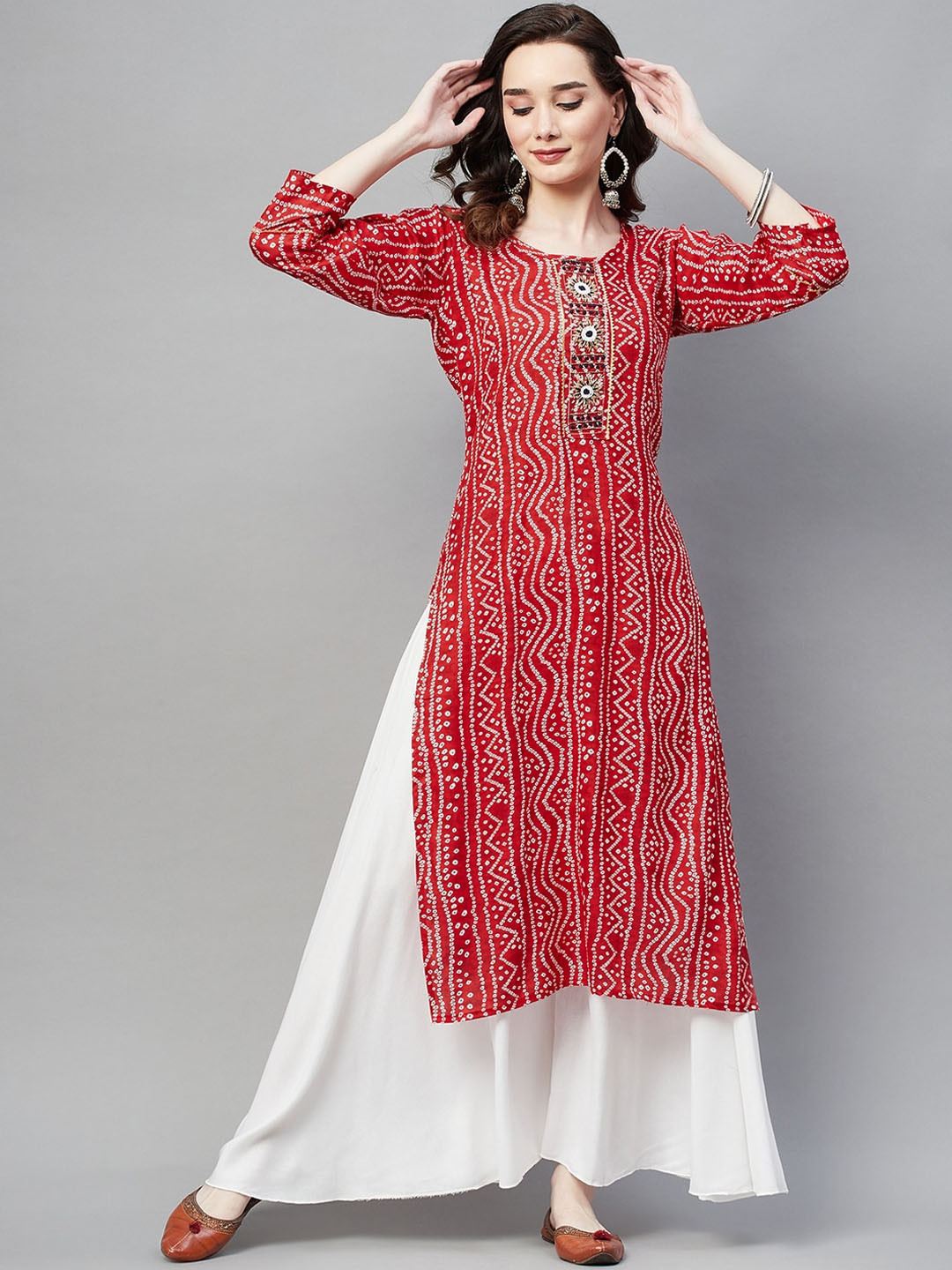 

BAESD Bandhani Printed Gotta Patti Beads & Stones Cotton Kurta, Red