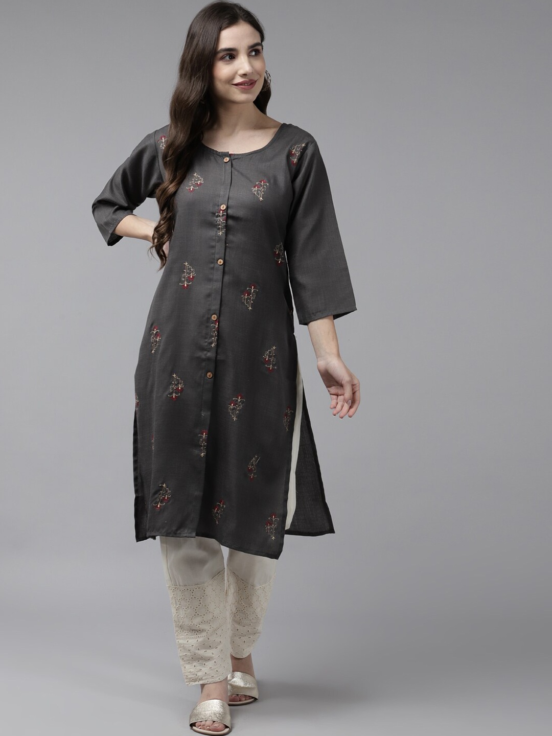 

BAESD Floral Embroidered Zari Cotton Kurta, Grey