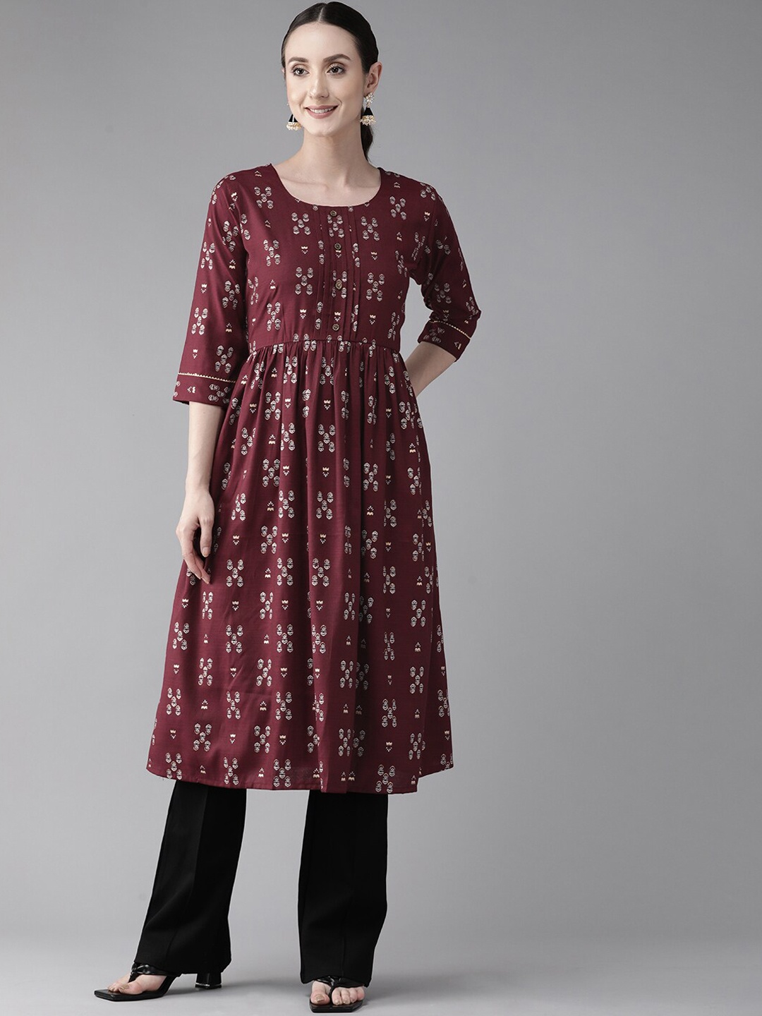 

BAESD Ethnic Motifs Printed A-Line Pleated Cotton Kurta, Maroon