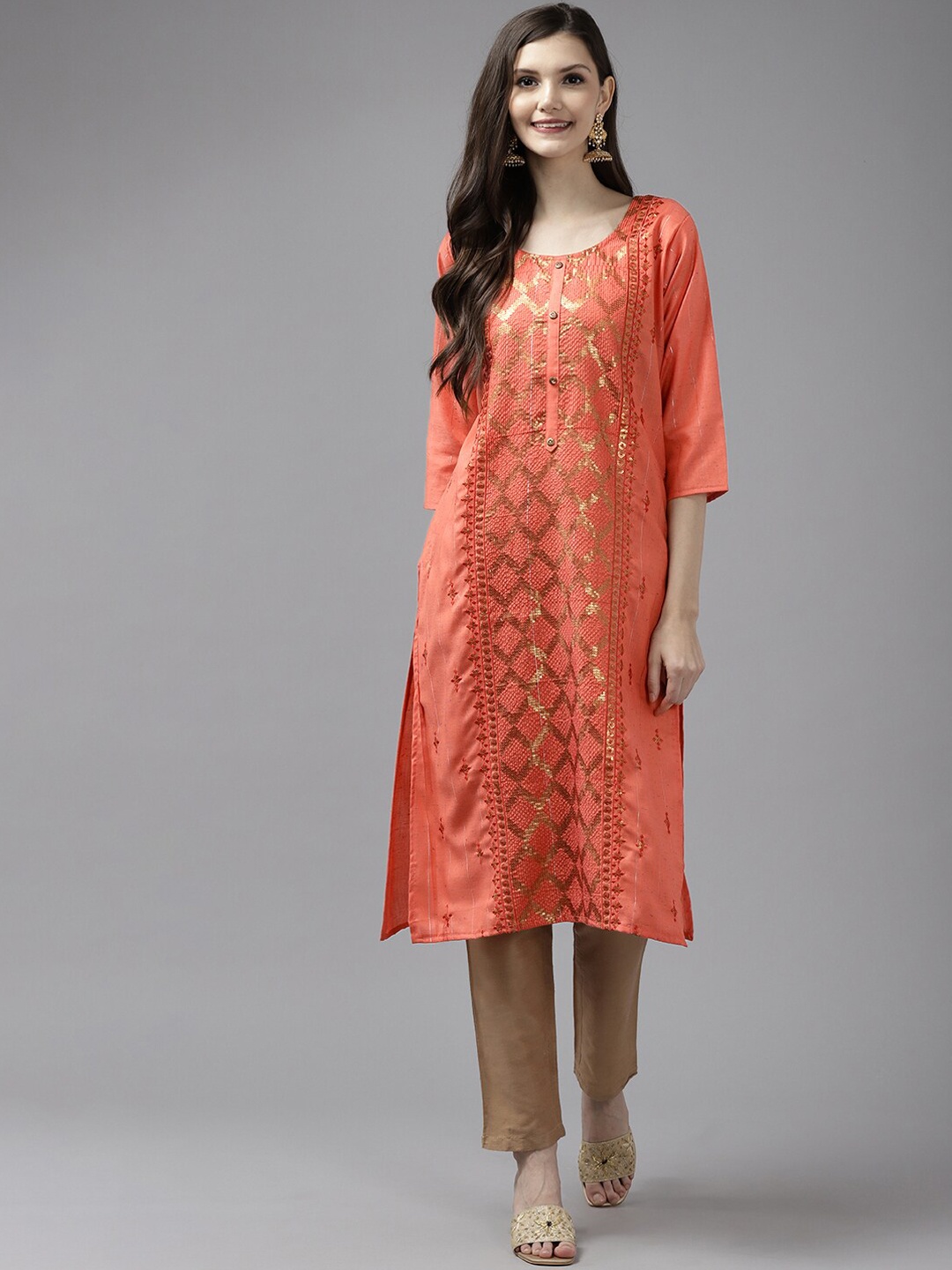 

BAESD Ethnic Motifs Embroidered Sequined Panelled Cotton Kurta, Orange