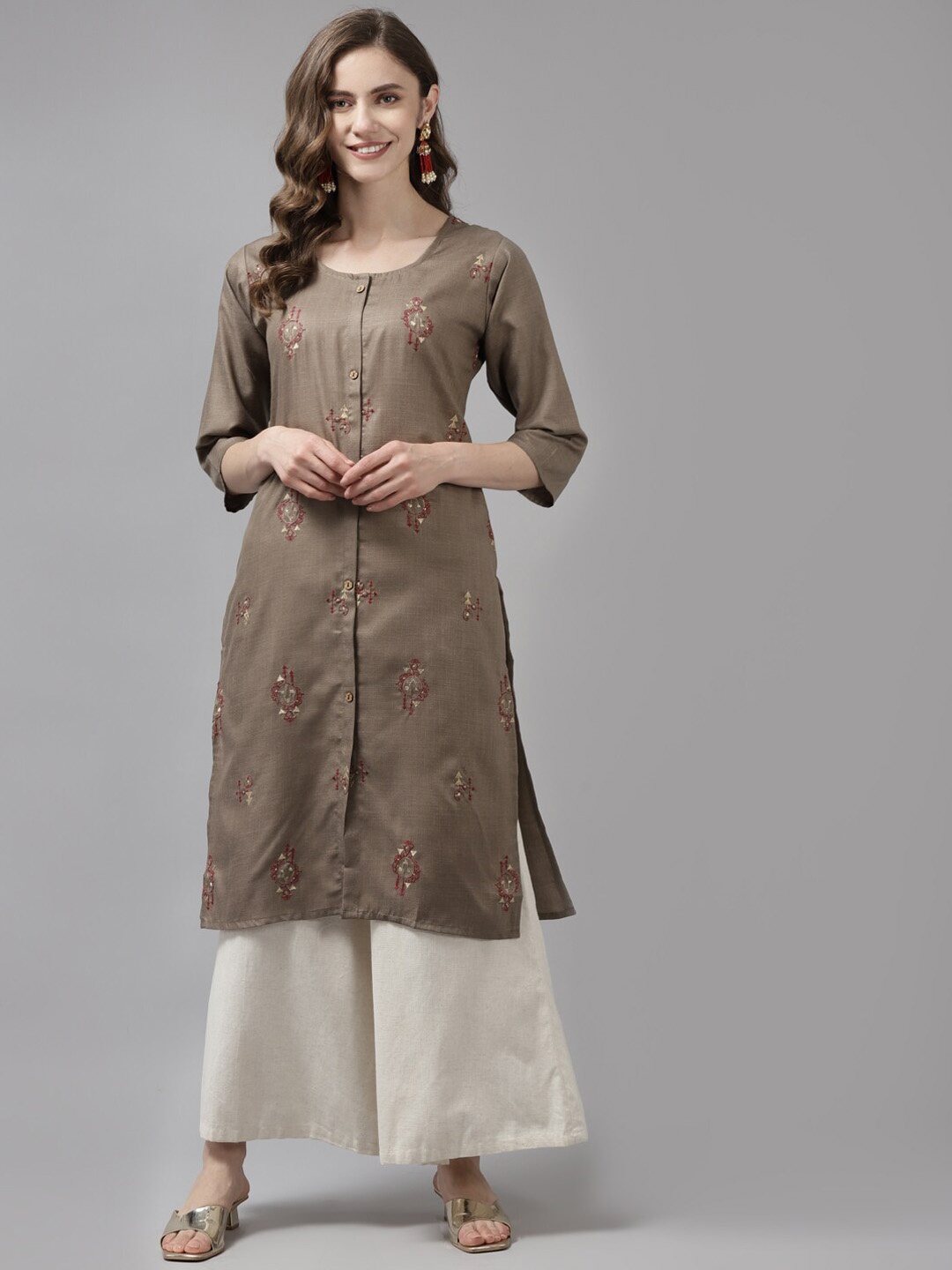 

BAESD Ethnic Motifs Embroidered Straight Cotton Kurta, Taupe