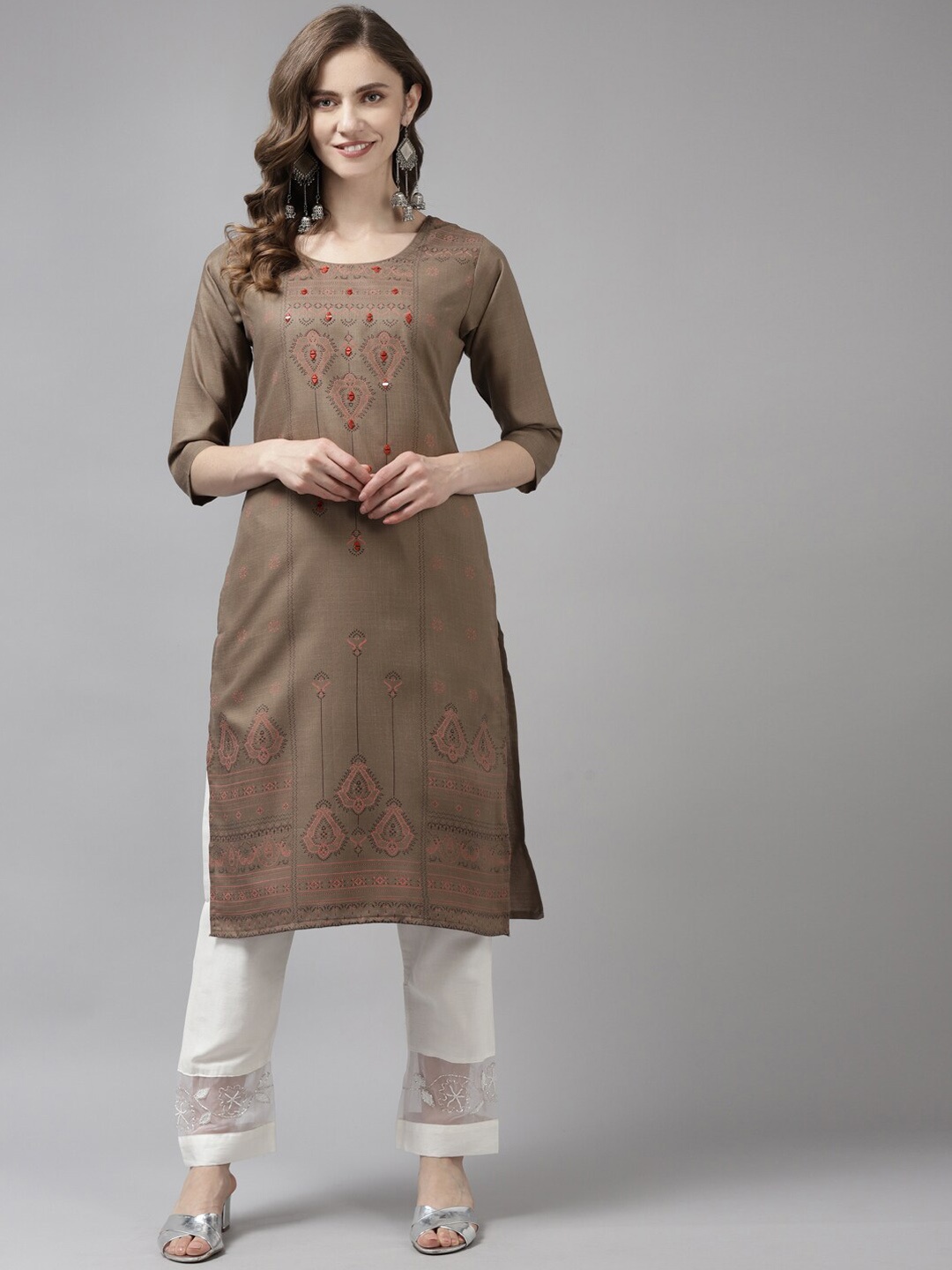 

BAESD Ethnic Motif Printed Mirror Worked Cotton Straight Kurta, Brown