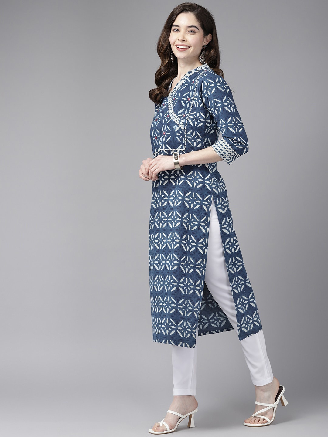 

BAESD Ethnic Motifs Printed Mirror Work Angrakha Cotton Kurta, Navy blue