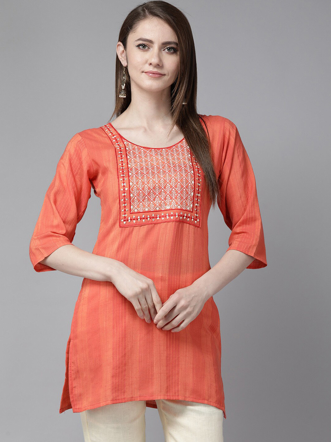 

BAESD Floral Yoke Design Sequinned Pure Cotton Kurti, Red