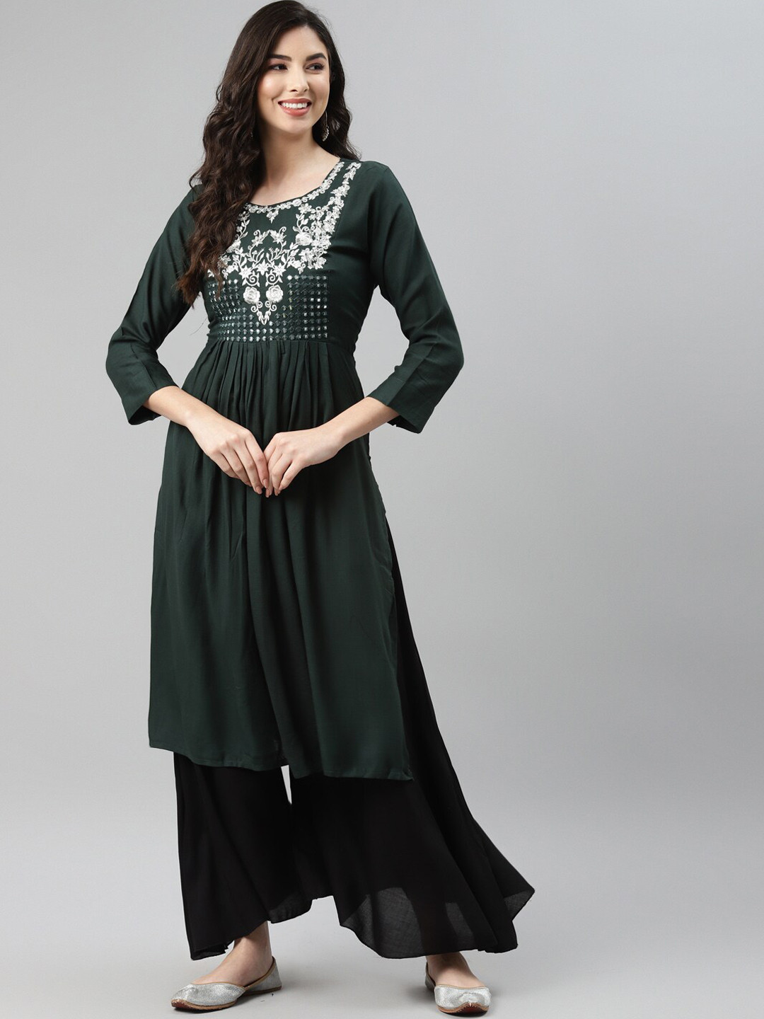 

BAESD Ethnic Motifs Embroidered Mirror Work A-line Cotton Kurta, Green