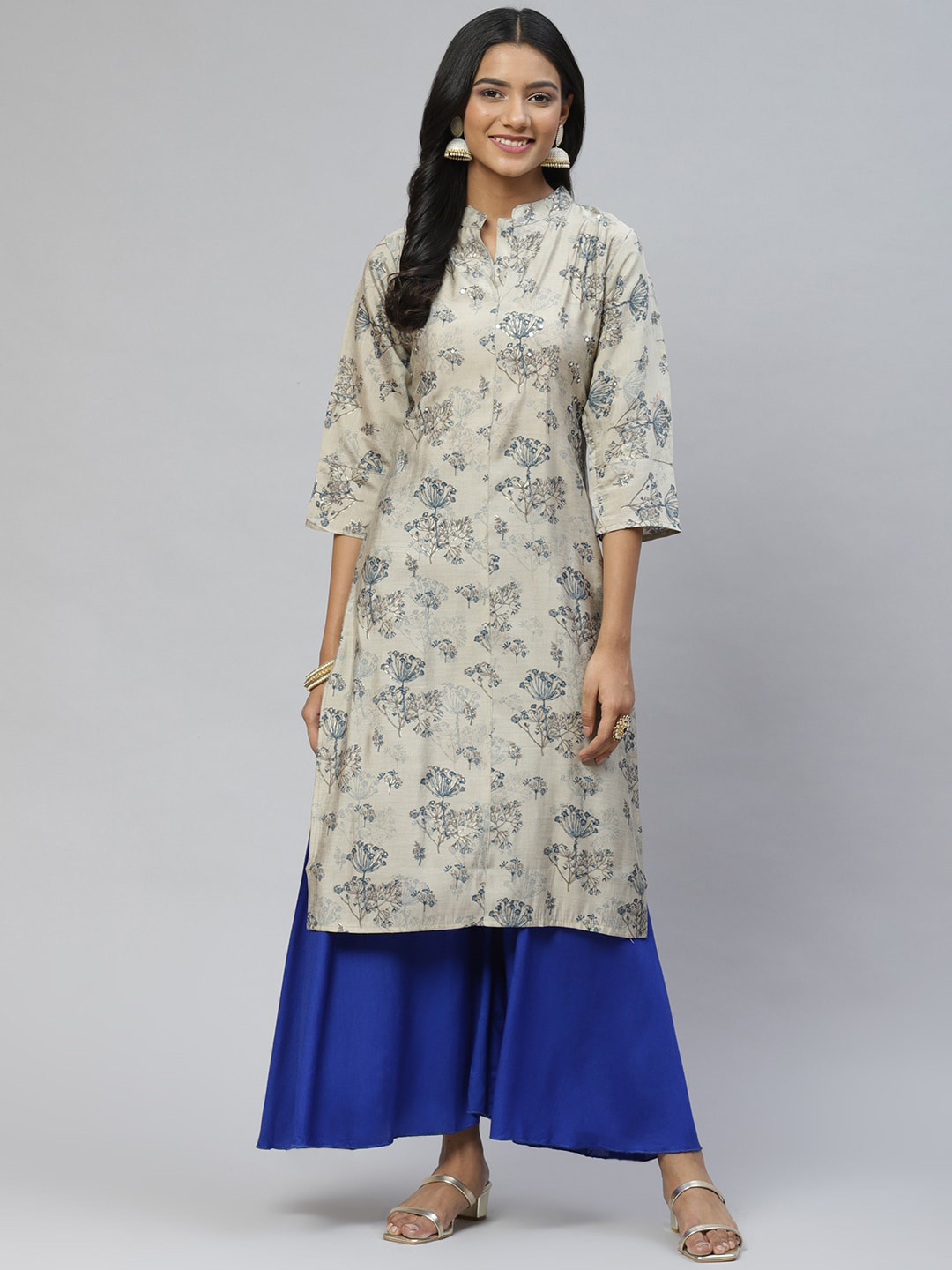 

BAESD Floral Printed Sequinned Cotton Straight Kurta, Beige