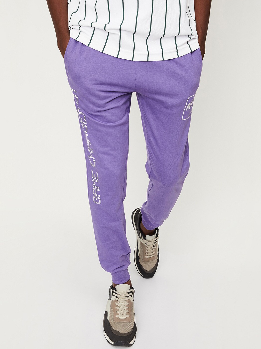 

max Men Mid-Rise Typography Printed Cotton Sports Joggers, Purple
