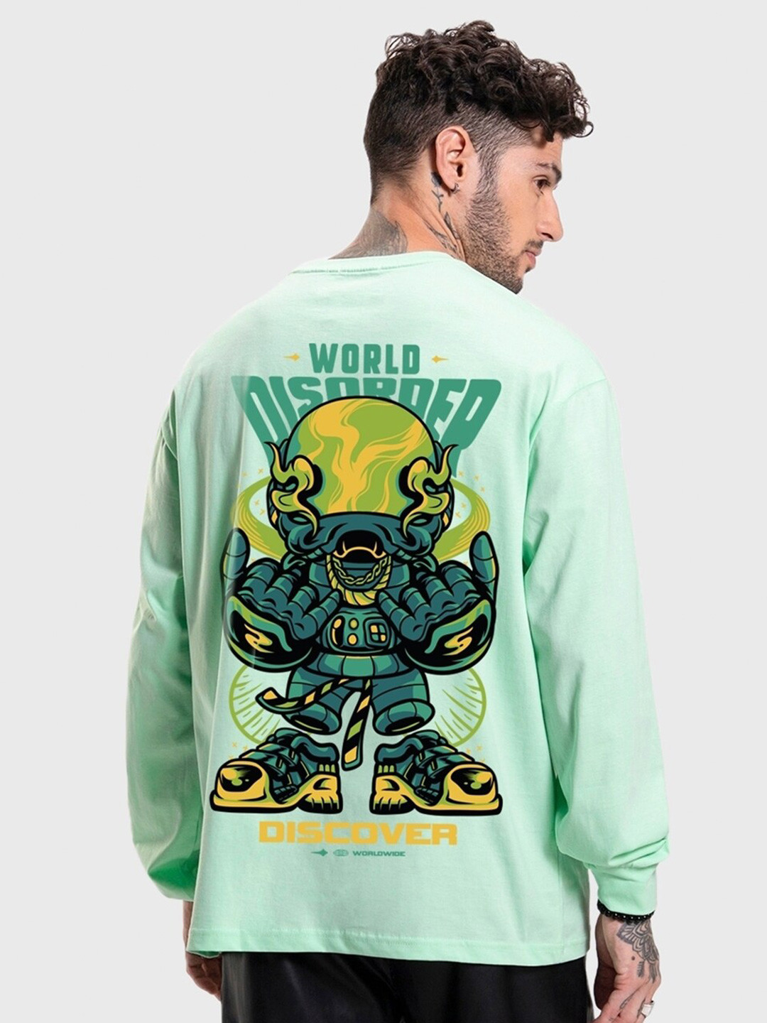 

Bewakoof Green Graphic Printed Drop-Shoulder Sleeves Cotton Oversized T-shirt