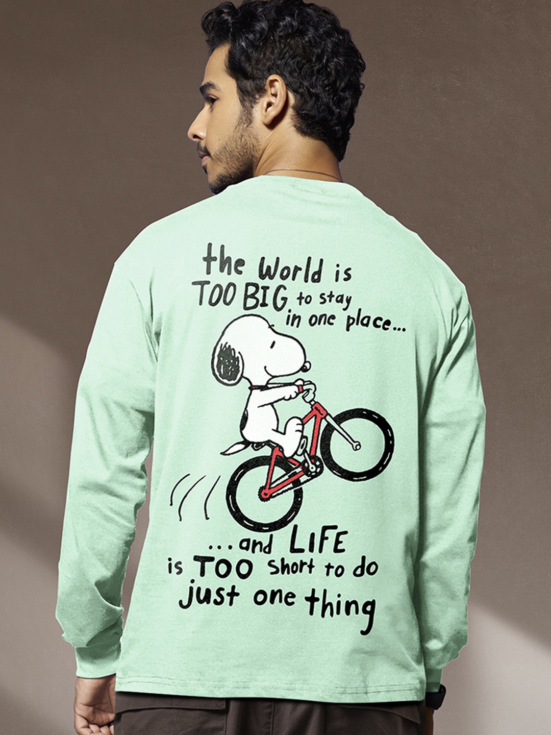 

Bewakoof Green Graphic Printed Long Sleeves Pure Cotton Oversized T-Shirt