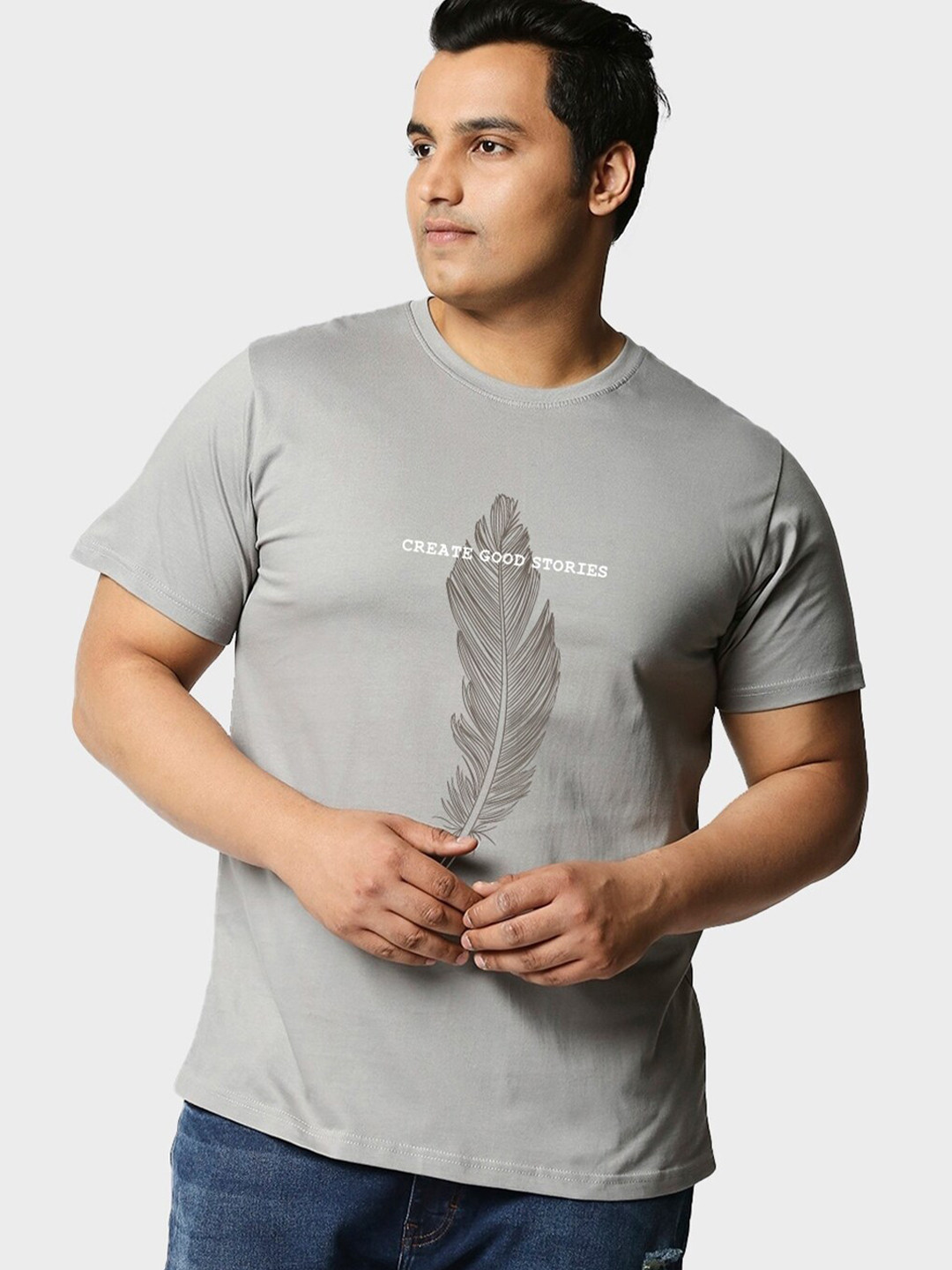 

Bewakoof Create Good Stories Typography Print Plus Size T-shirt, Grey