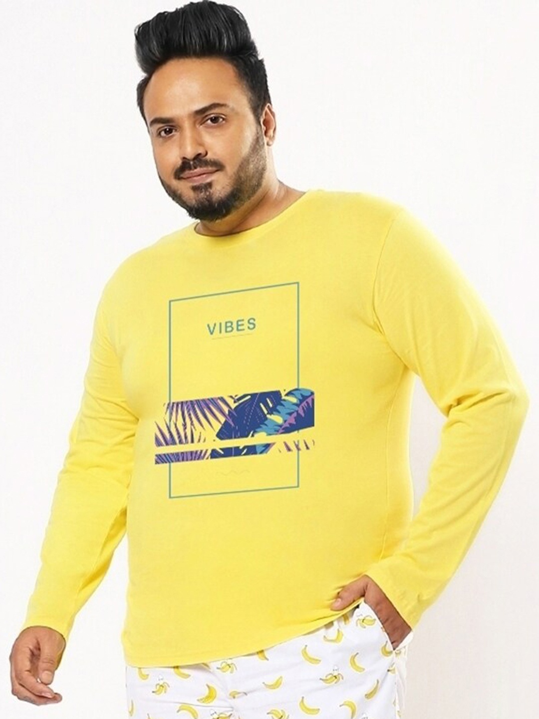 

Bewakoof Men Tropical Vibes Graphic Printed Plus Size T-shirt, Yellow