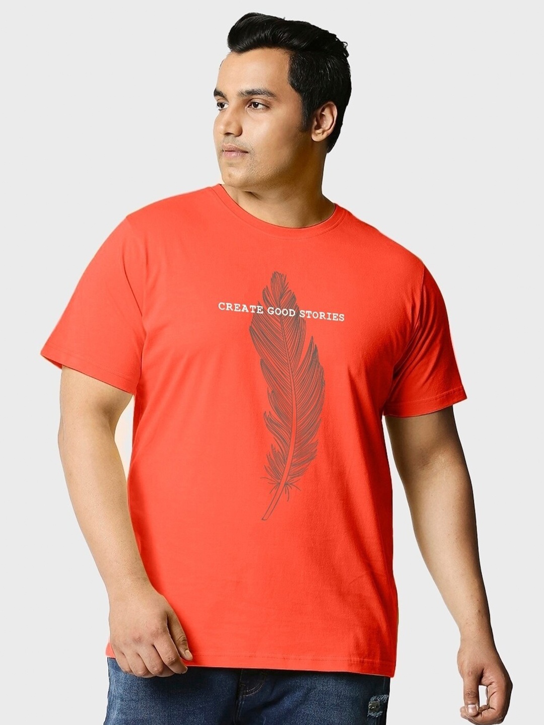 

Bewakoof Men Create Good Stories Typography Plus Size T-shirt, Orange