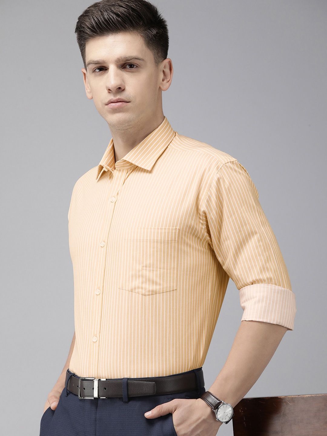 

Park Avenue Slim Fit Pure Cotton Striped Formal Shirt, Yellow