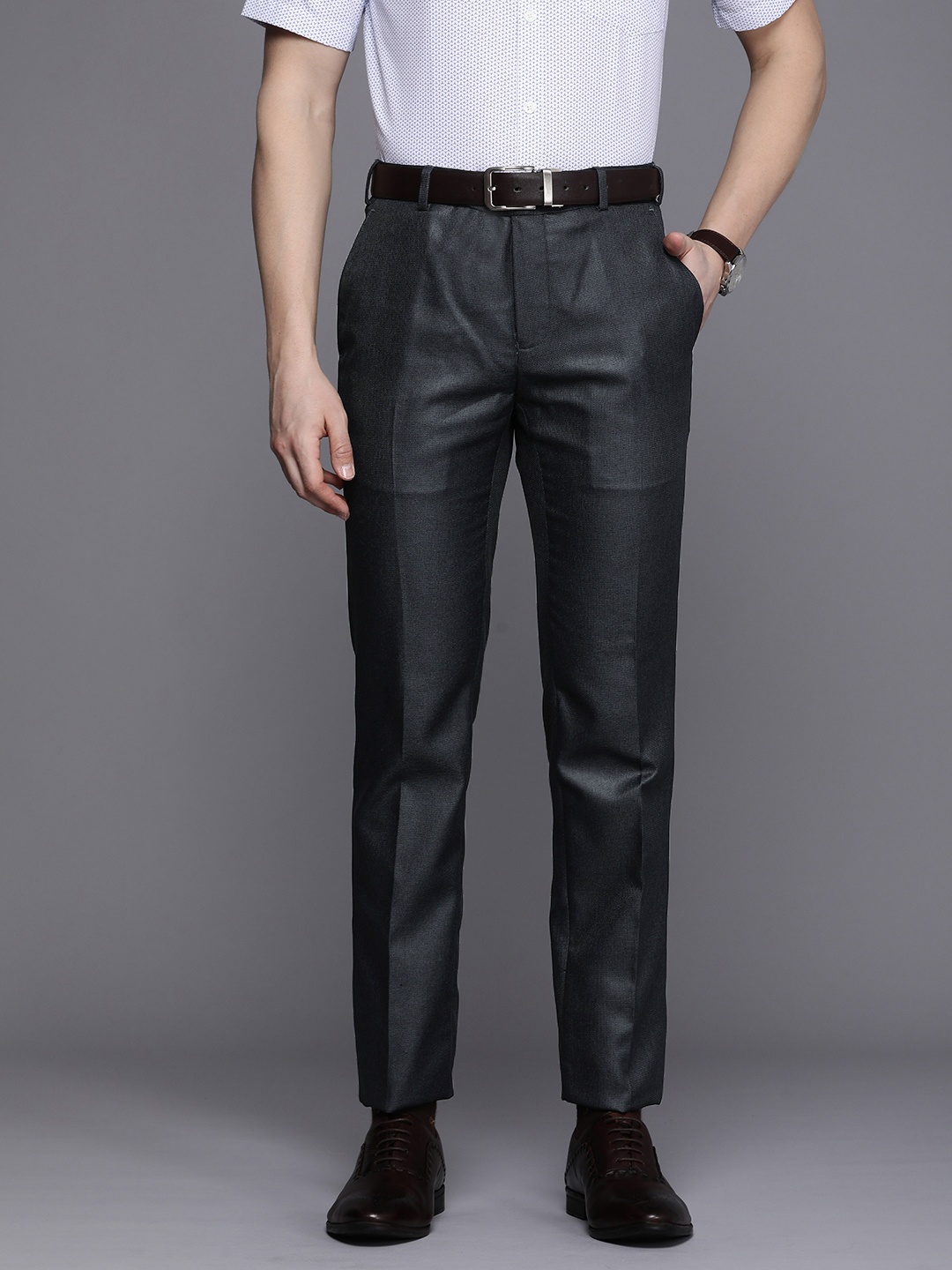 

Raymond Men Self Design Textured Slim Fit Formal Trousers, Blue