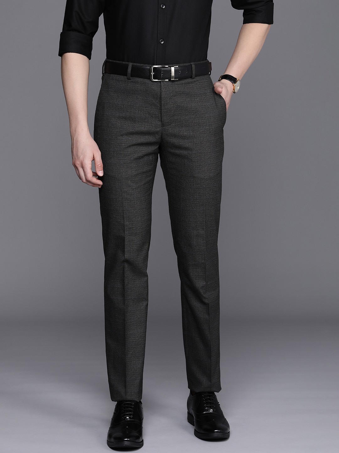 

Raymond Men Textured Slim Fit Formal Trousers, Black