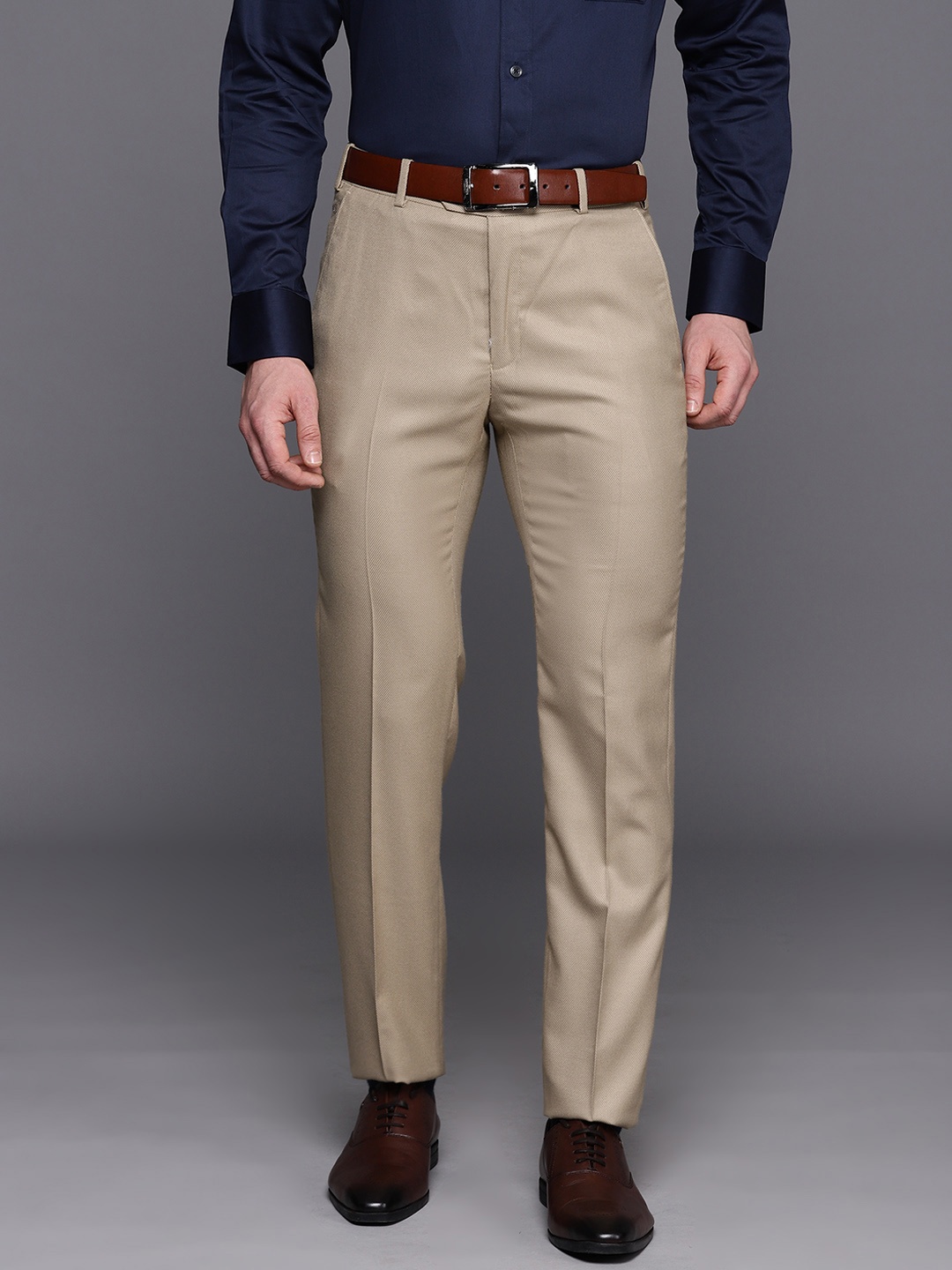 

Raymond Men Self Design Slim Fit Formal Trousers, Beige