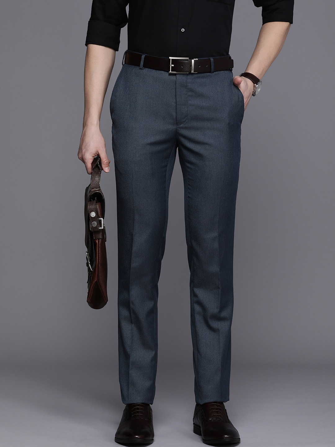 

Raymond Men Flat-Front Slim Fit Formal Trousers, Blue