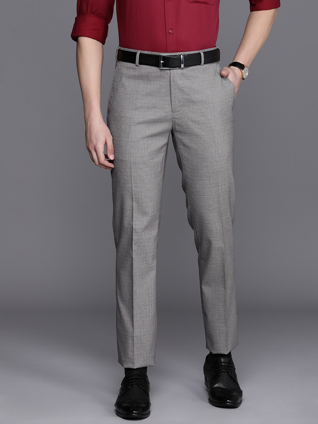 

Raymond Men Mid-Rise Checked Slim Fit Trousers, Grey