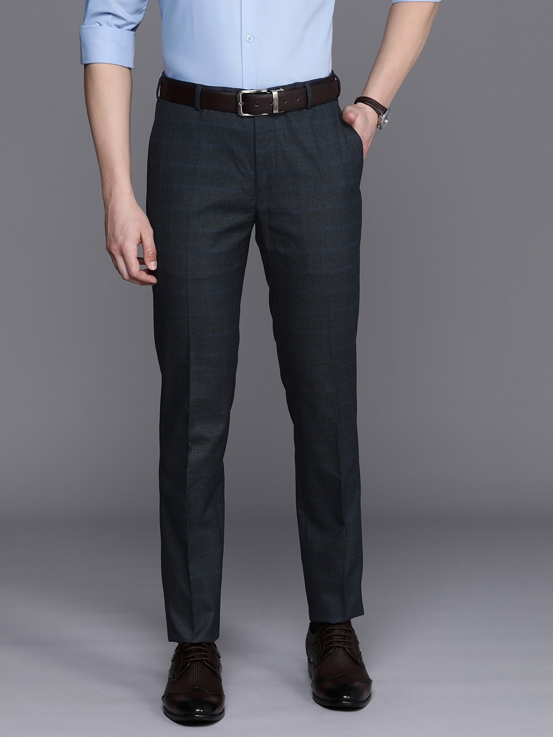 

Raymond Men Textured Slim Fit Formal Trousers, Navy blue