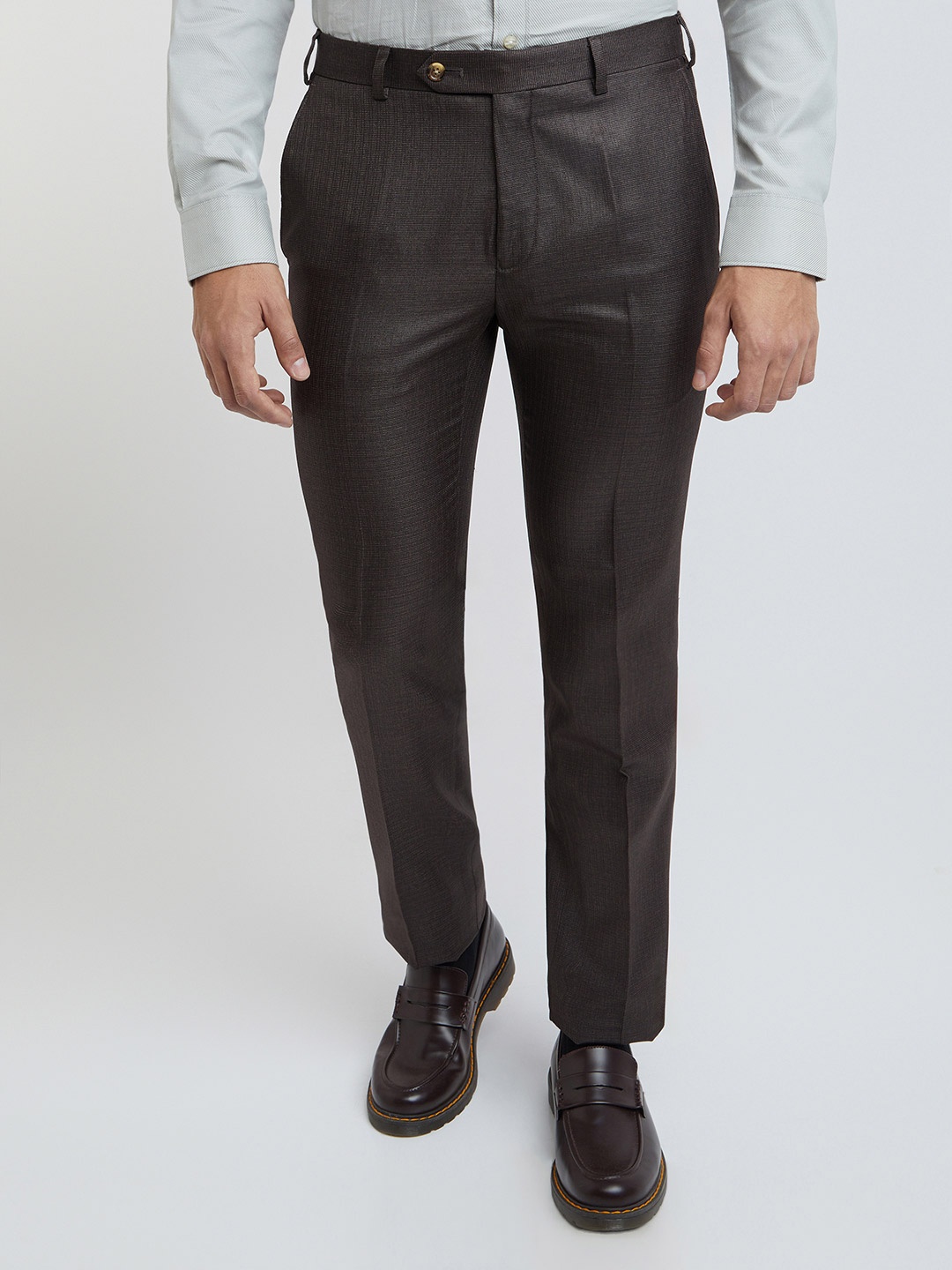 

Raymond Men Self Design Textured Slim Fit Formal Trousers, Brown