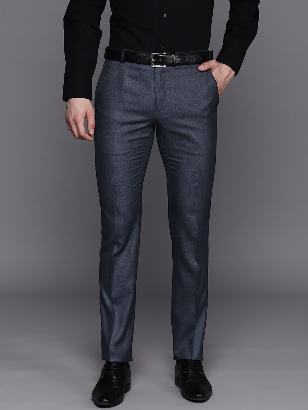 

Raymond Men Textured Slim Fit Trousers, Navy blue