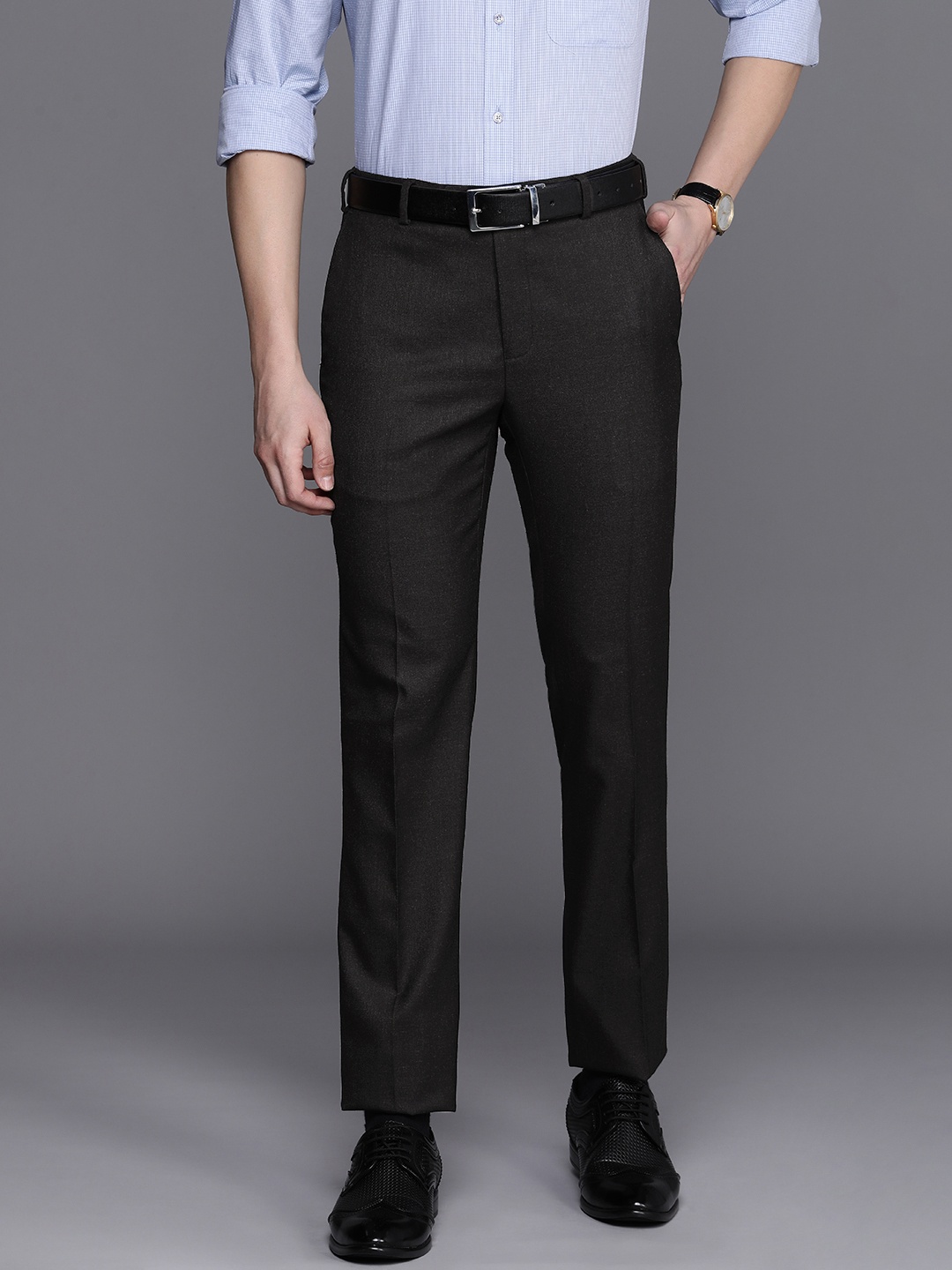 

Raymond Men Mid-Rise Slim Fit Trousers, Black