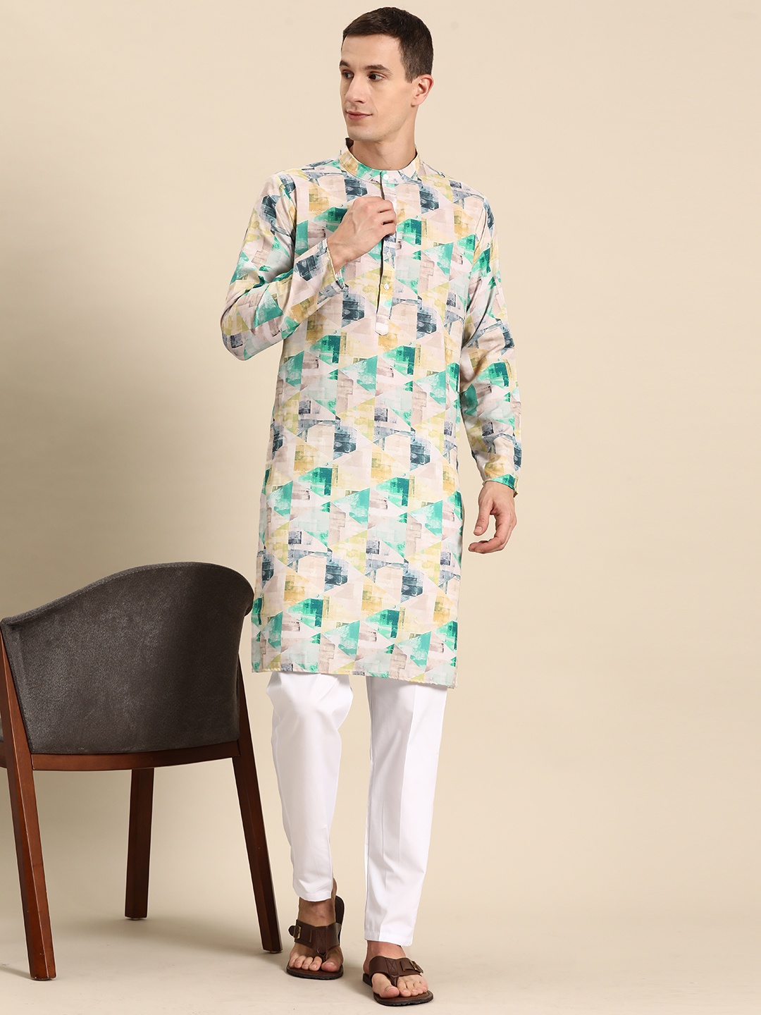 

Anouk Men Printed Regular Pure Cotton Kurta with Pyjamas, Off white