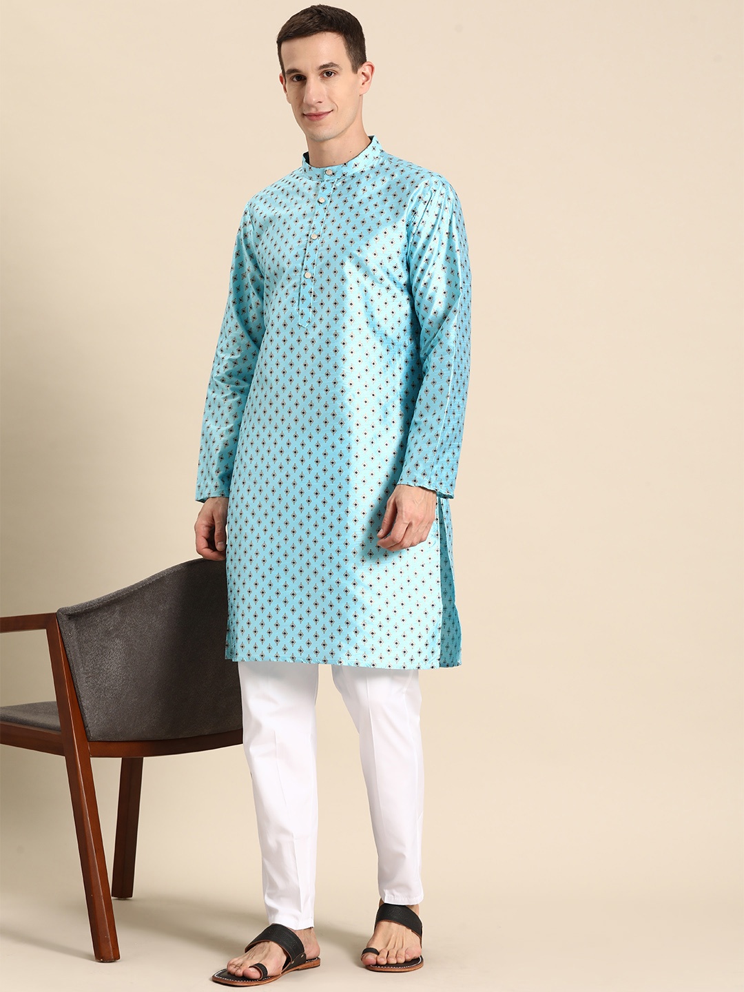 

Anouk Men Ethnic Motifs Printed Regular Kurta with Pyjamas, Turquoise blue