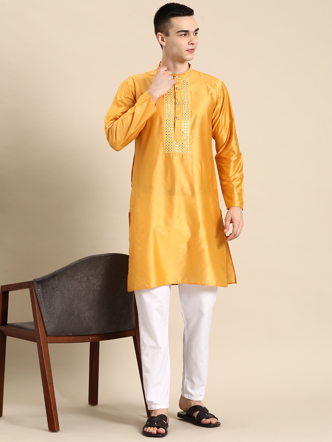 

Anouk Men Yoke Design Regular Mirror Work Kurta with Pyjamas, Mustard