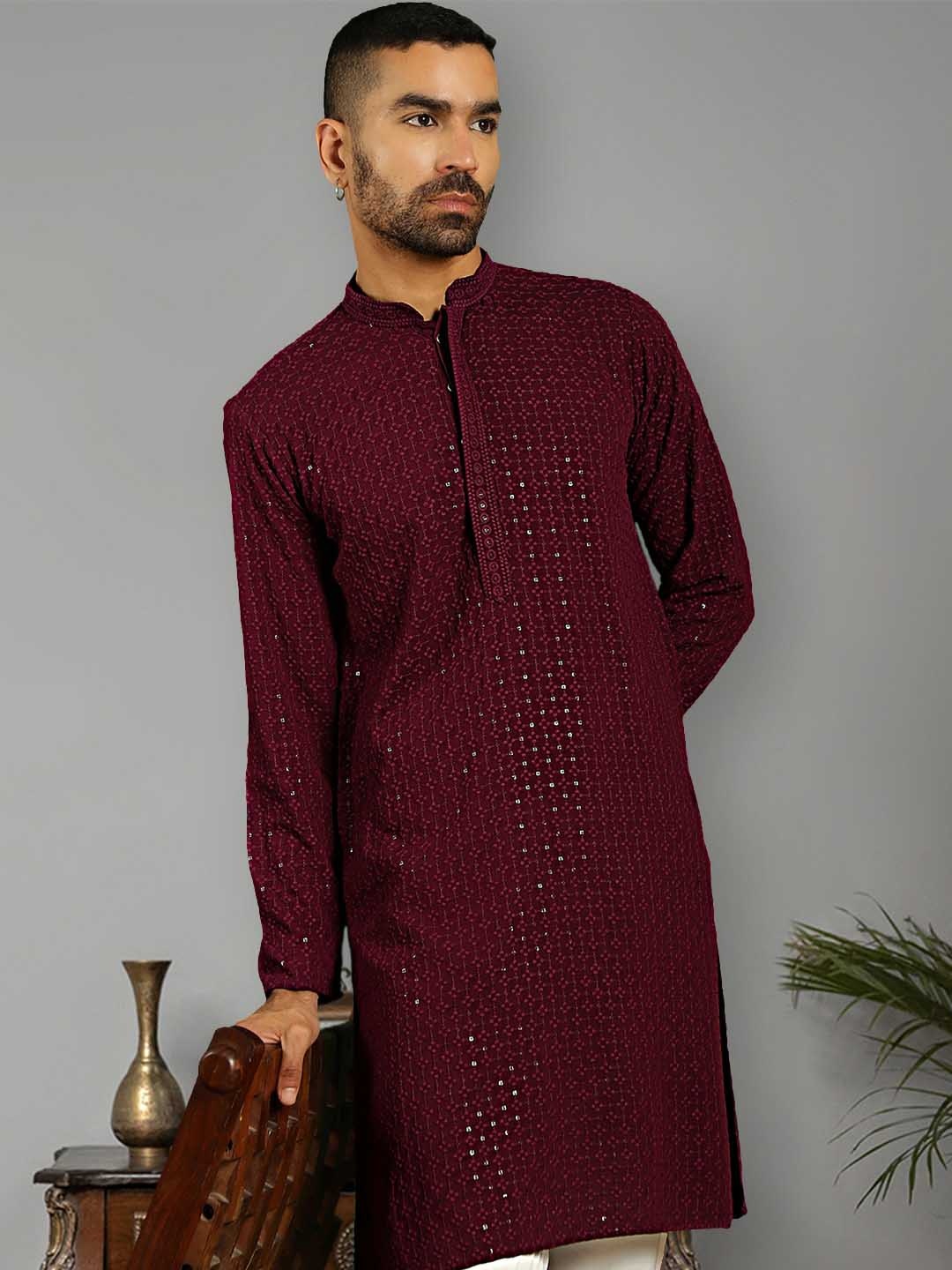 

Anouk Men Embroidered Regular Sequinned Pure Cotton Kurta with Pyjamas, Purple