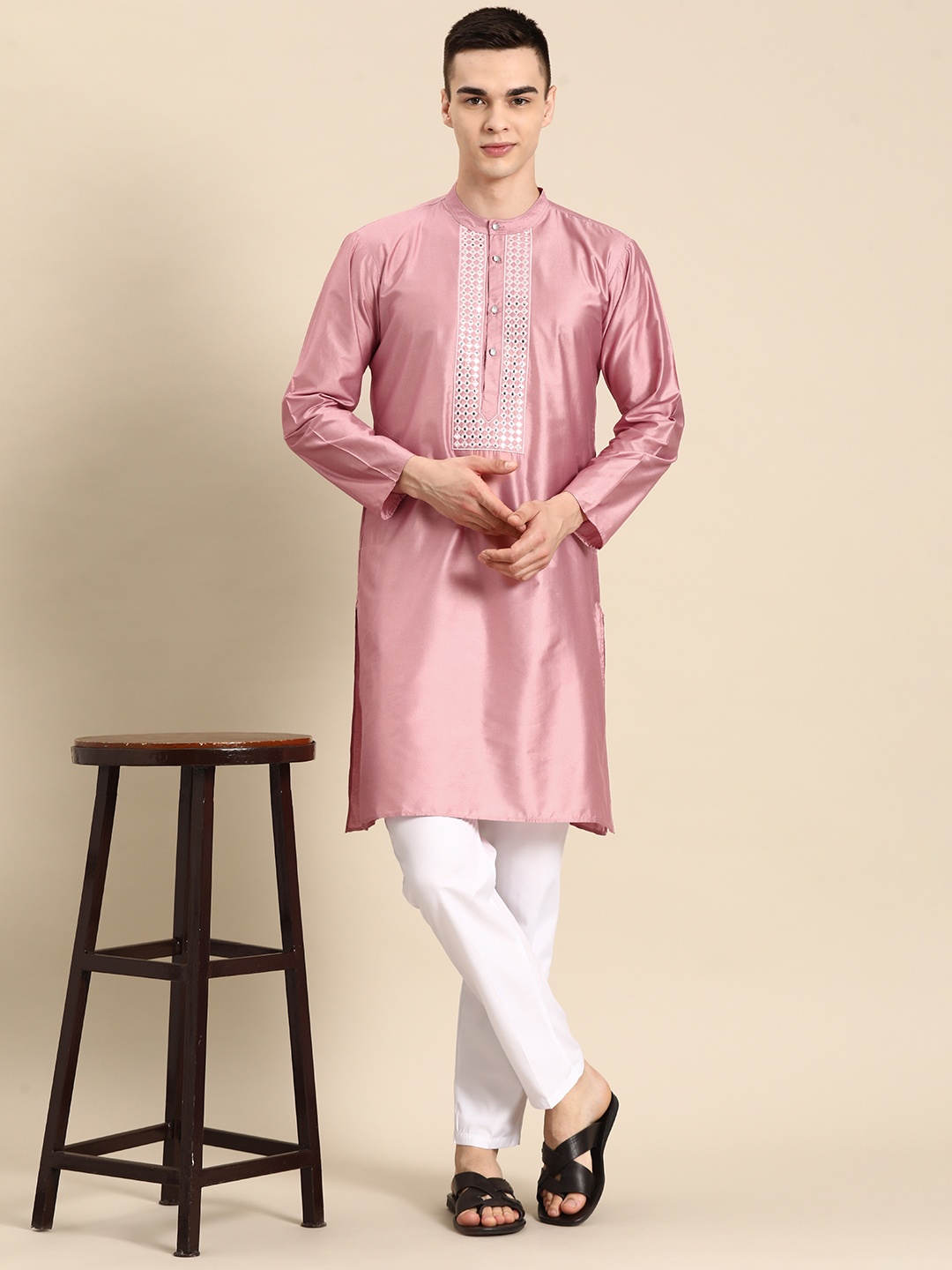 

Anouk Men Yoke Design Regular Mirror Work Kurta with Pyjamas, Magenta